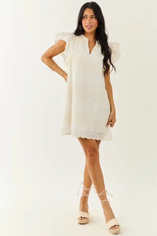 Off White Embroidered Ruffle Sleeve Mini Dress sold by Lime Lush