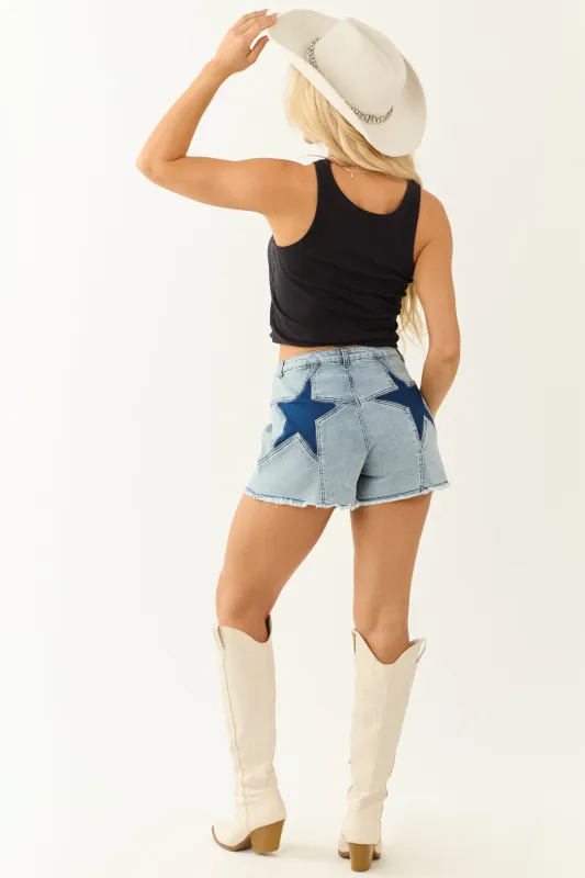 Light Wash Stretchy High Rise Star Shorts sold by Lime Lush