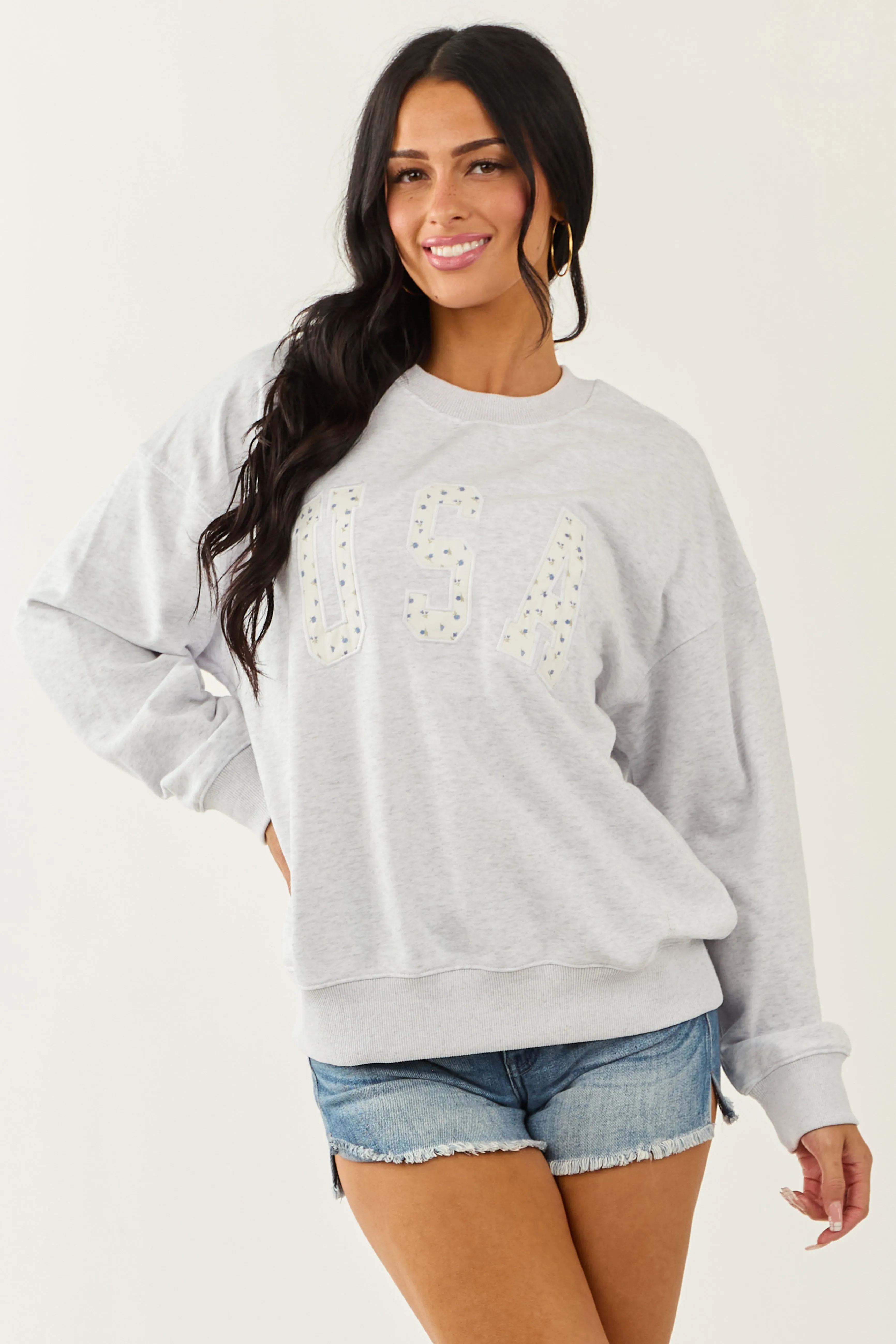 Dove Grey 'USA' Patchwork Graphic Sweatshirt sold by Lime Lush