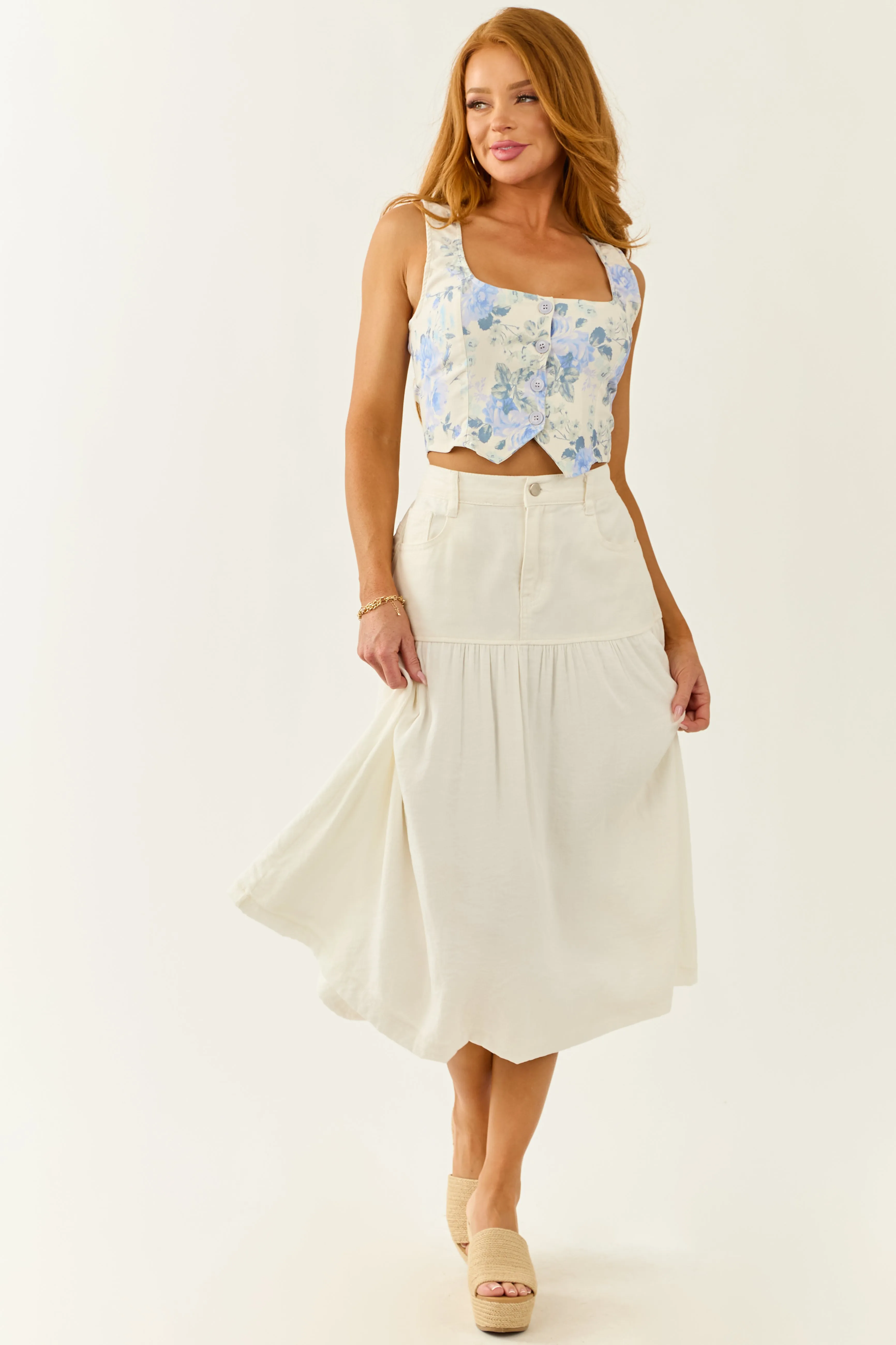 Ivory Denim Contrast Fabric Midi Skirt sold by Lime Lush product image thumbnail 5