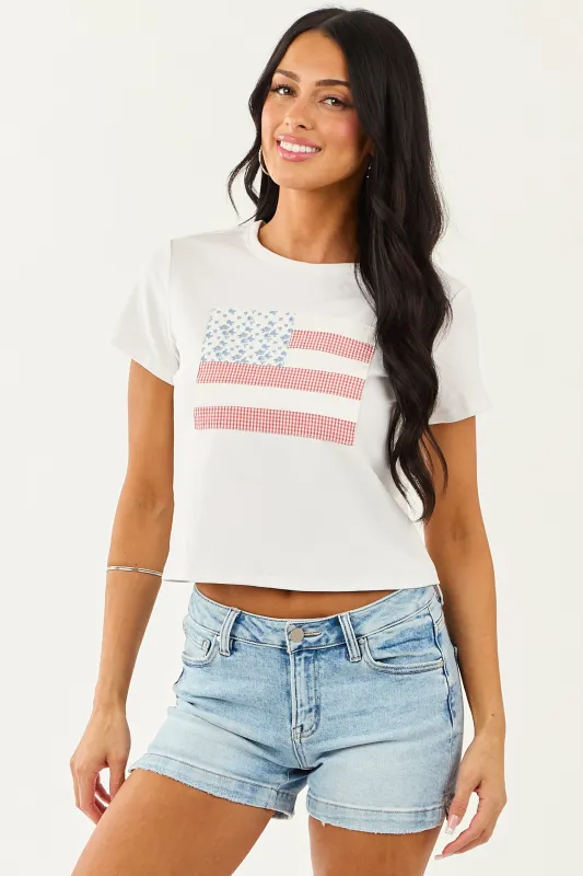 Off White Flag Patchwork Graphic Short Sleeve Top made by Le Lis