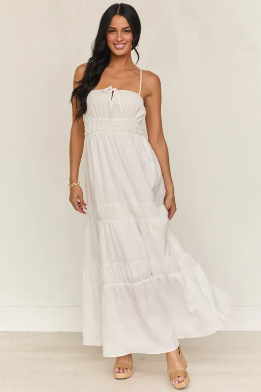 Ivory Ruched Tiered Sleeveless Maxi Dress sold by Lime Lush