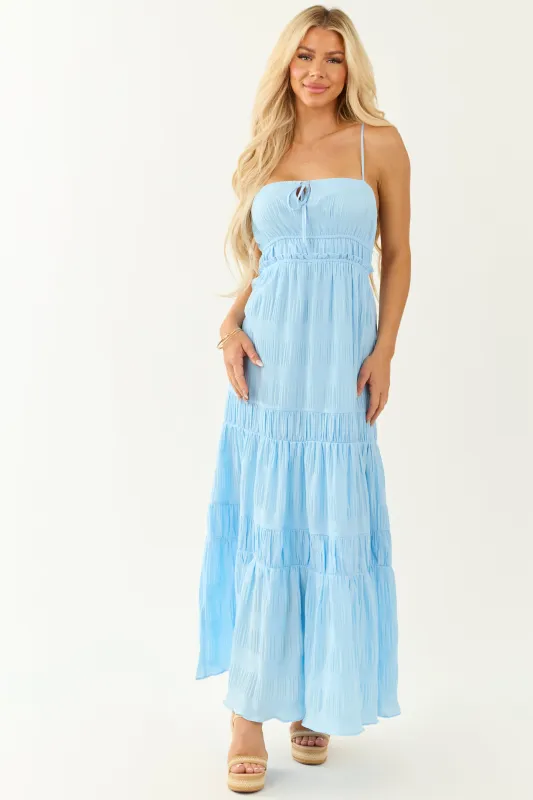 Sky Blue Ruched Tiered Sleeveless Maxi Dress sold by Lime Lush