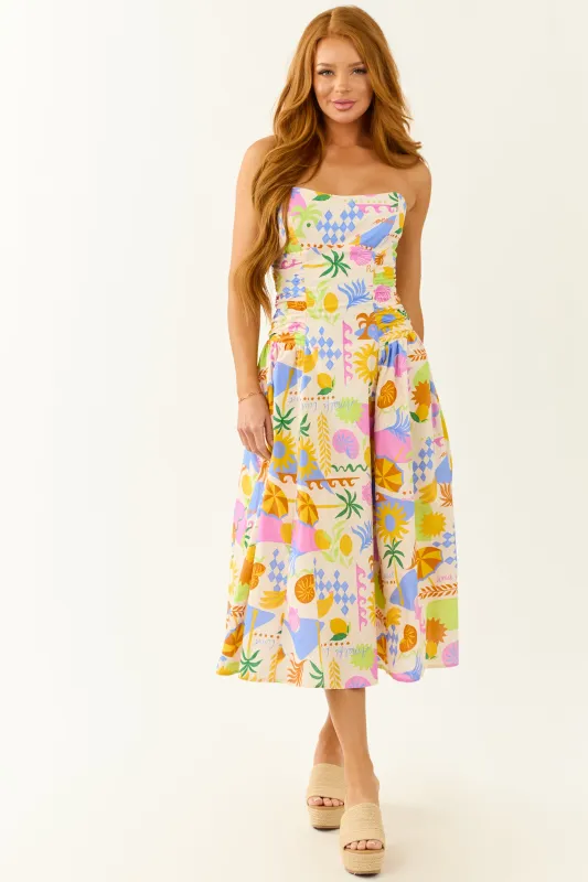 Champagne Abstract Print Strapless Cotton Midi Dress sold by Lime Lush
