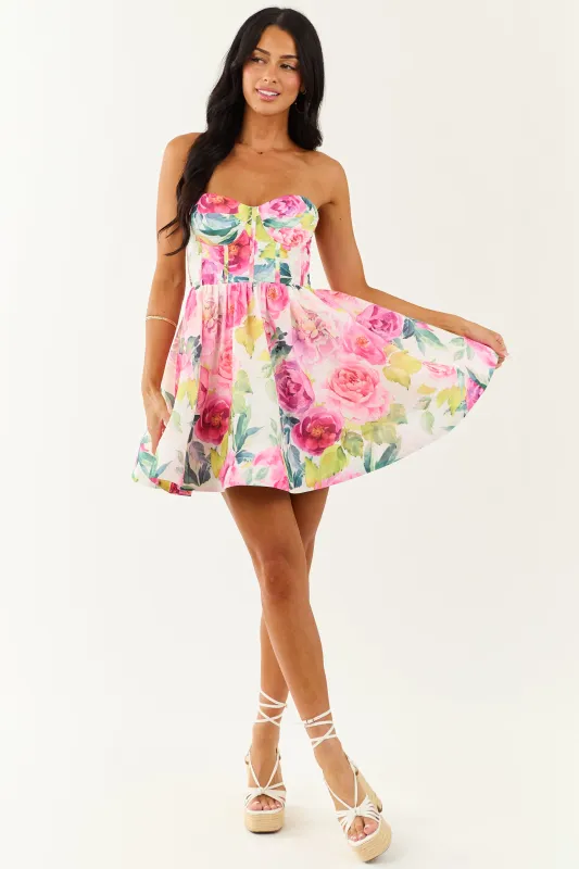 Ivory Floral Print Strapless A-Line Corset Mini Dress sold by Lime Lush