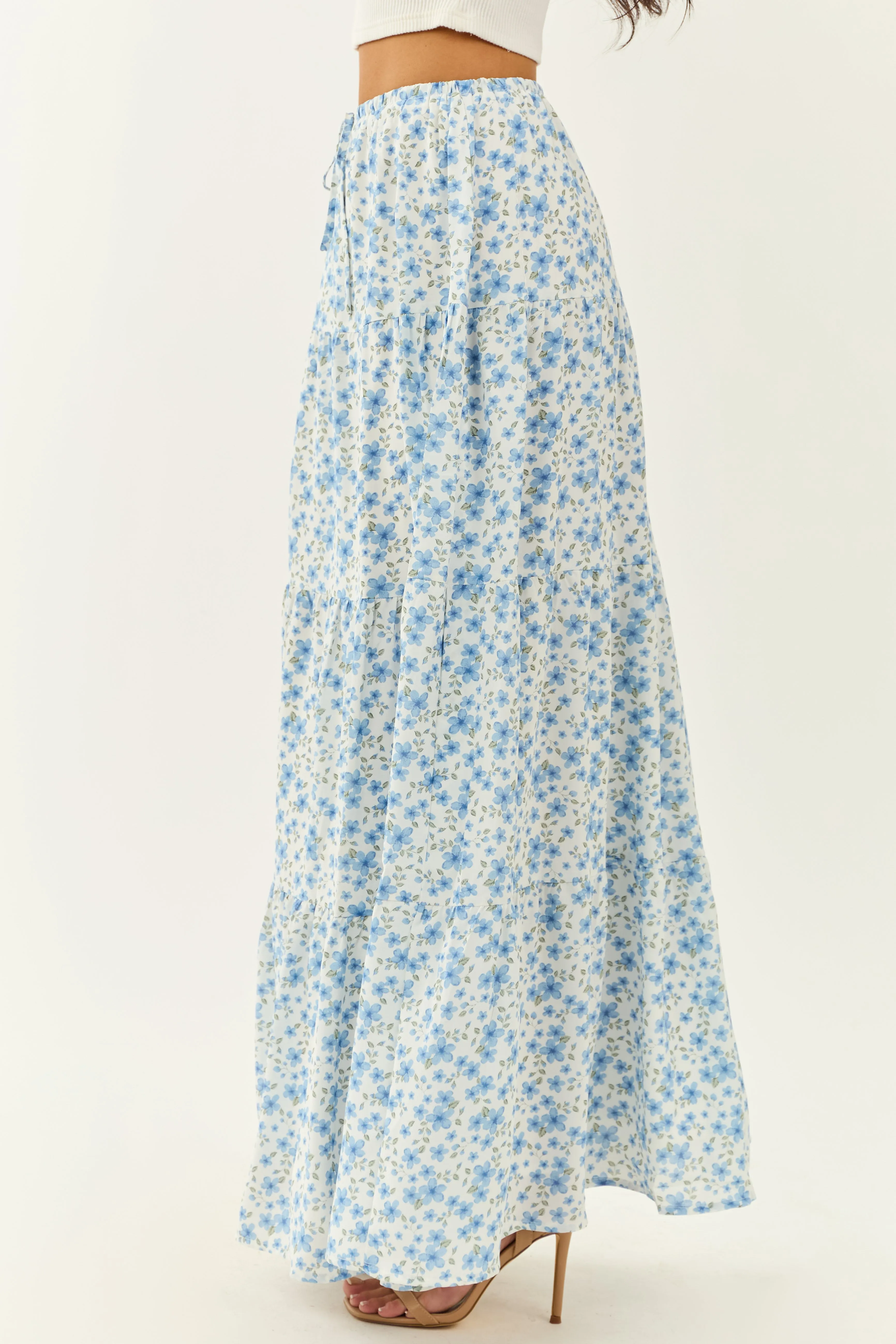 Ivory Floral Print Tiered Flowy Maxi Skirt sold by Lime Lush product image thumbnail 3