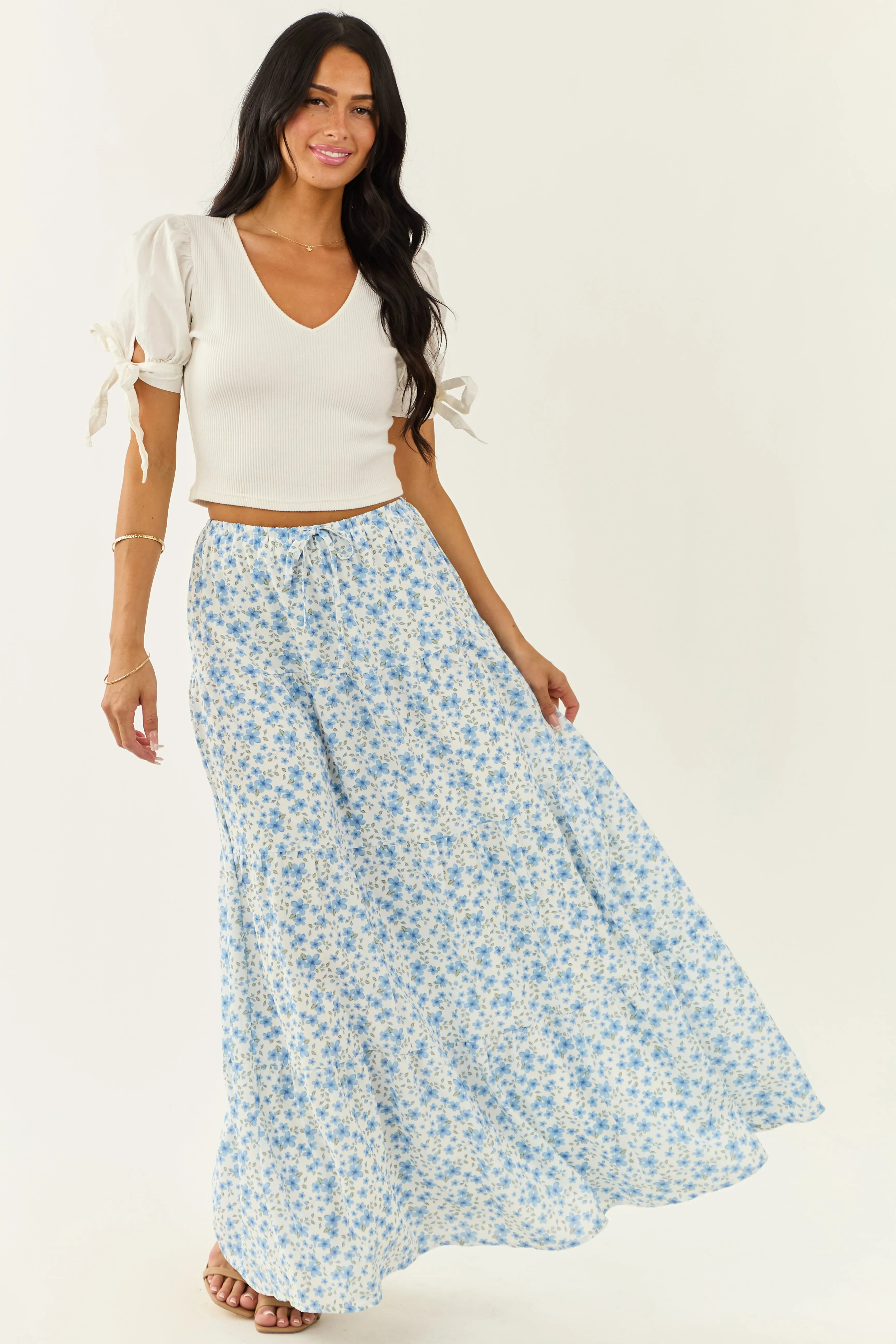 Ivory Floral Print Tiered Flowy Maxi Skirt sold by Lime Lush product image thumbnail 5