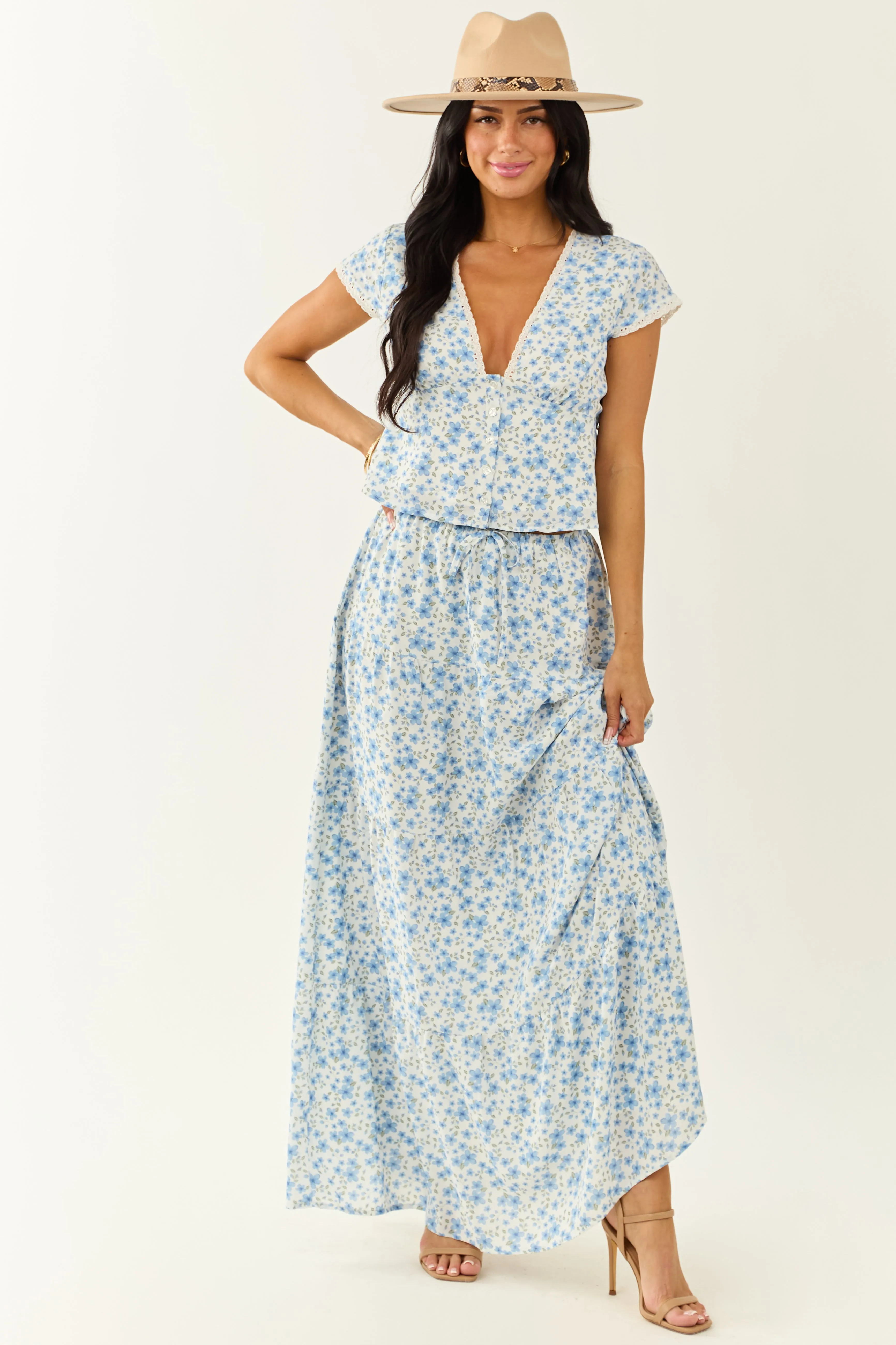 Ivory Floral Deep V Cap Sleeve Button Up Blouse sold by Lime Lush product image thumbnail 5