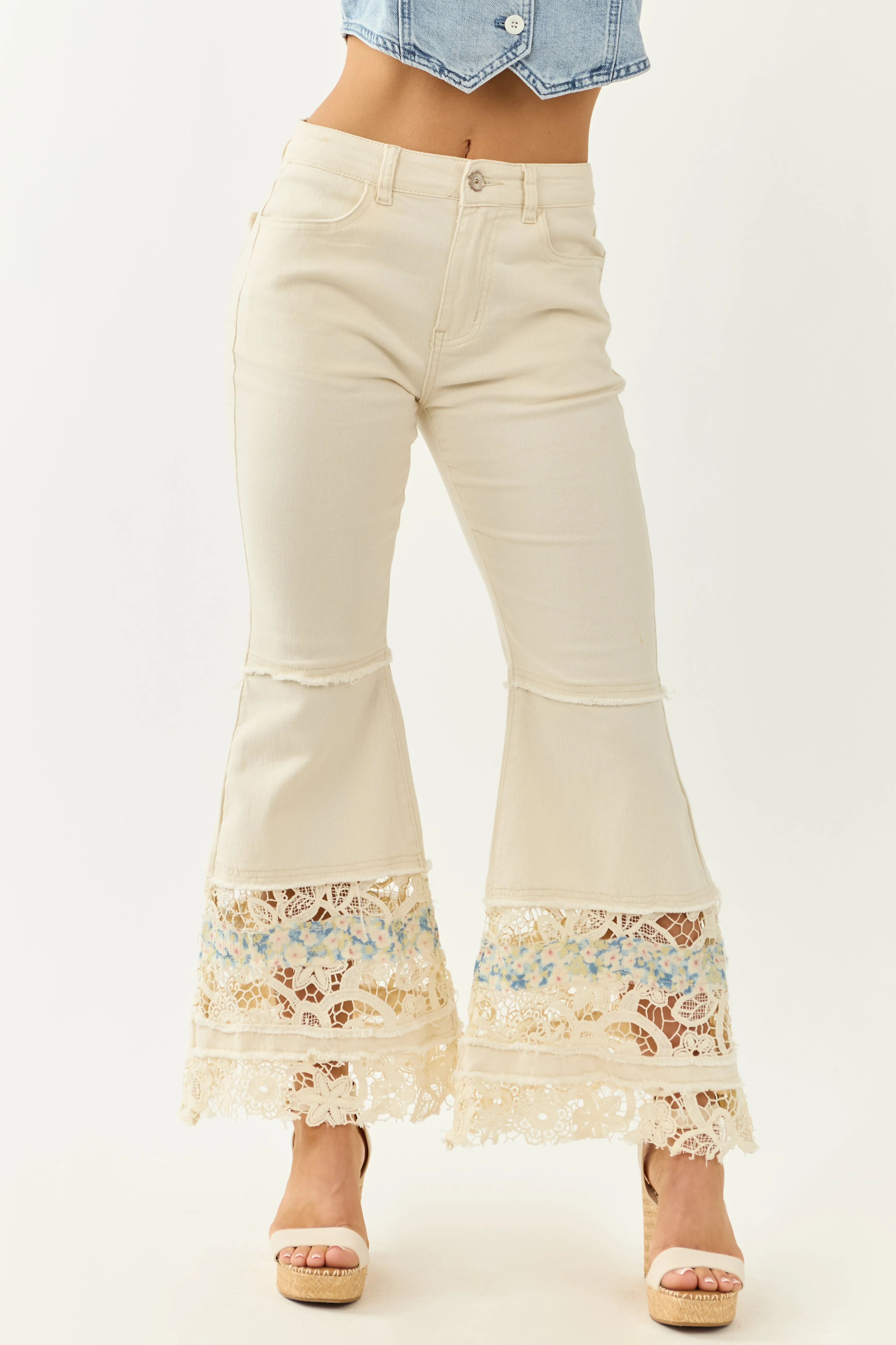 POL Cream Lace Hem High Rise Flare Leg Jeans sold by Lime Lush product image thumbnail 2