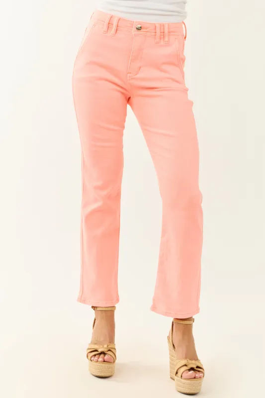 Risen Neon Coral Straight Tummy Control Stretchy Jeans sold by Lime Lush
