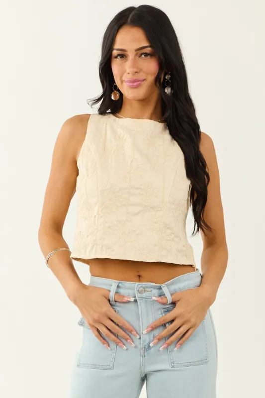 Lovelo Cream Raised Embroidery Cropped Tank Top sold by Lime Lush