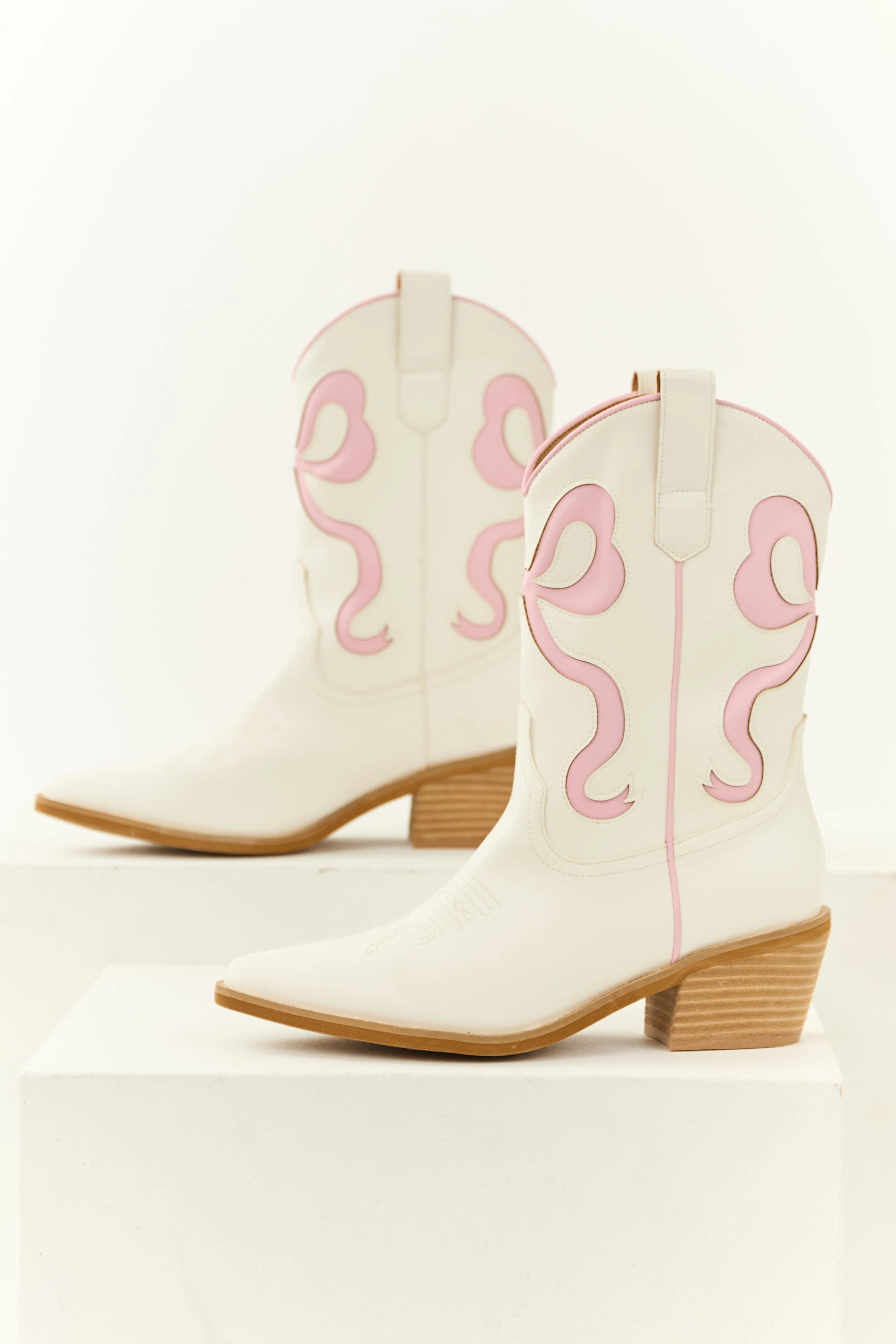 Ivory and Carnation Bow Detail Western Heel Boots sold by Lime Lush