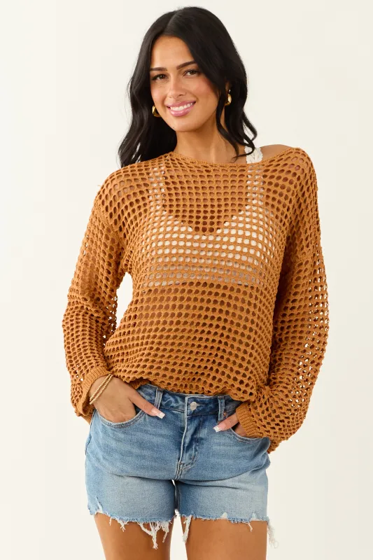 Caramel Open Crochet Round Neck Long Sleeve Top sold by Lime Lush