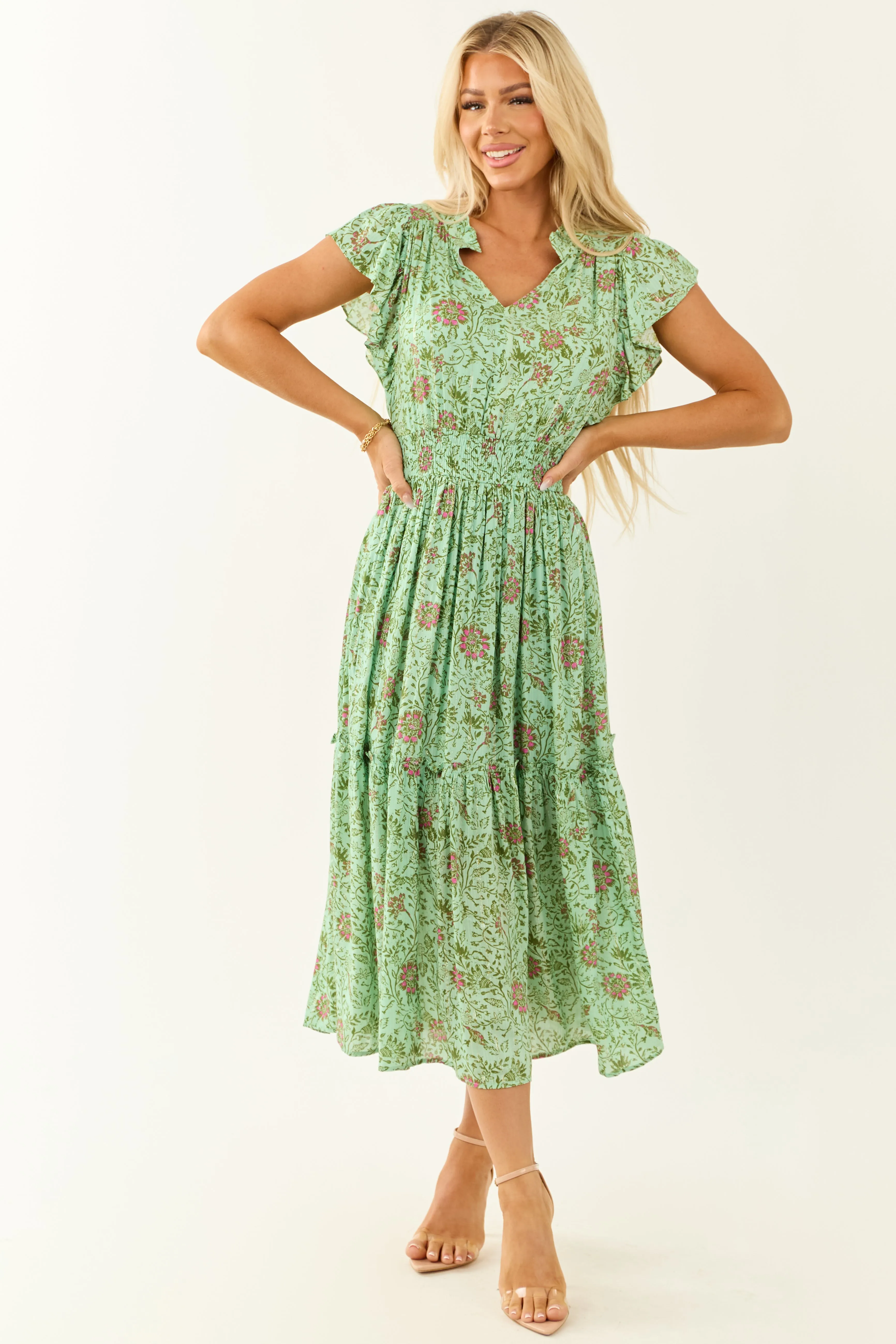 Sage Floral Ruffle Sleeve Metallic Stitch Midi Dress sold by Lime Lush product image thumbnail 2