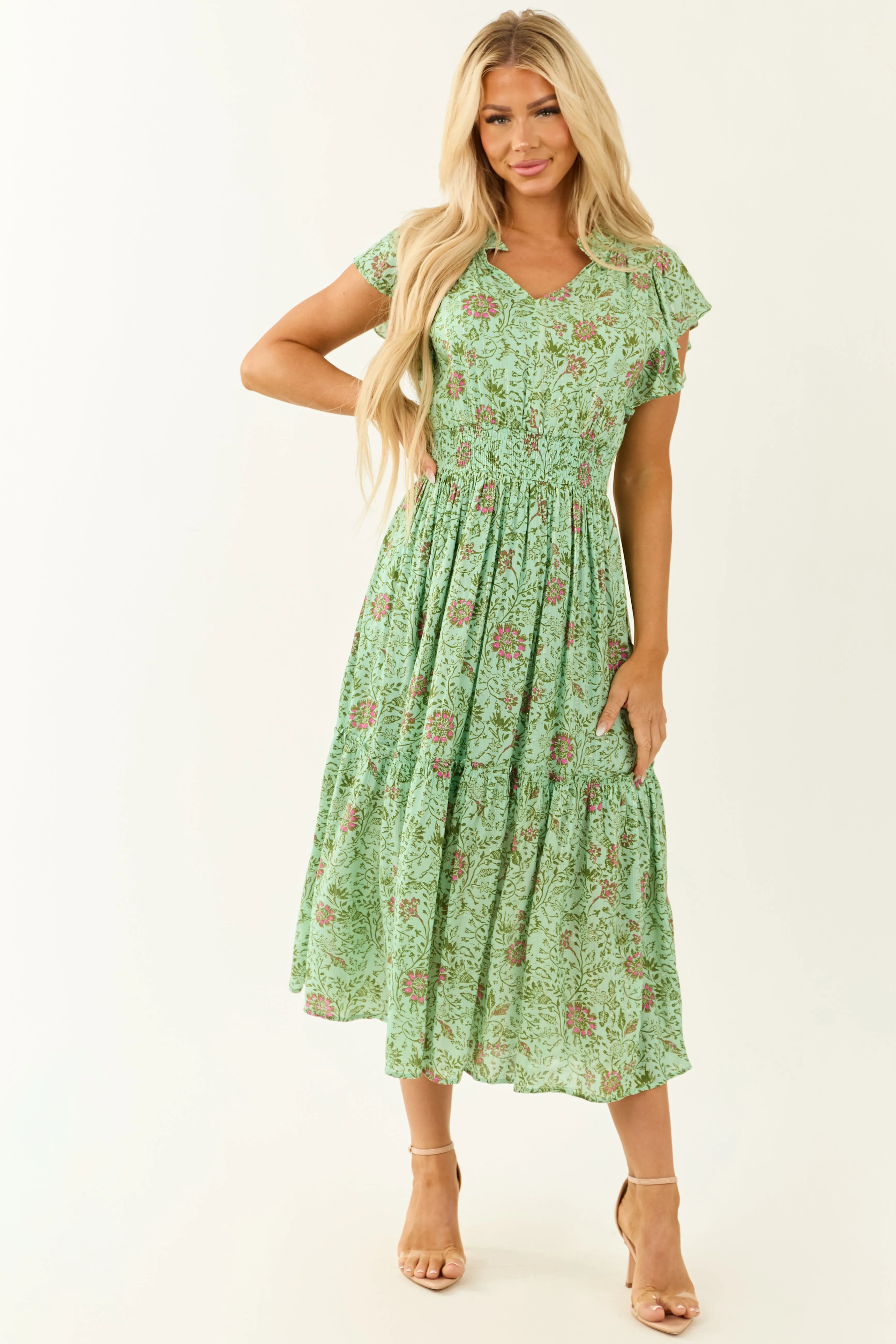 Sage Floral Ruffle Sleeve Metallic Stitch Midi Dress sold by Lime Lush