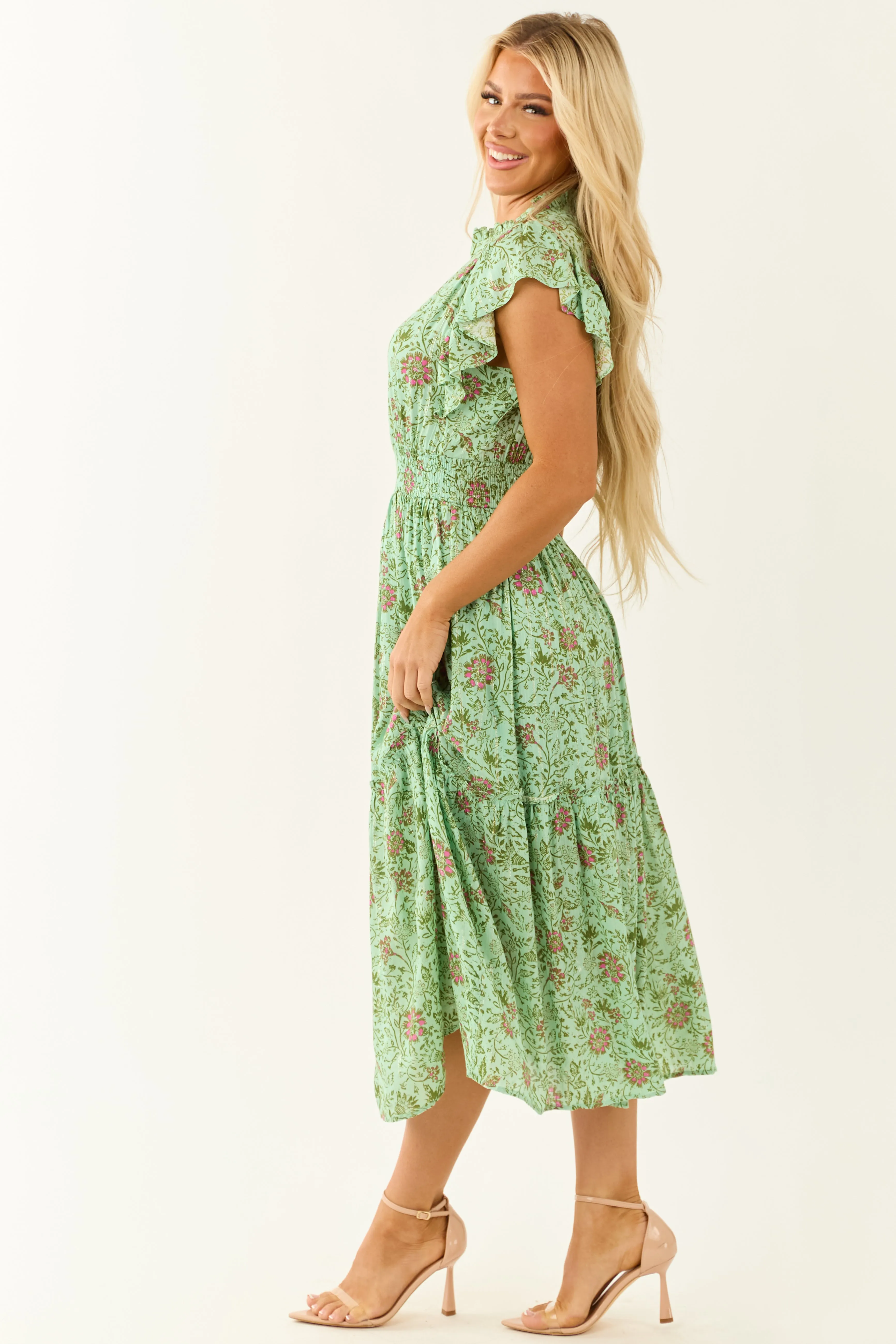 Sage Floral Ruffle Sleeve Metallic Stitch Midi Dress sold by Lime Lush product image thumbnail 4