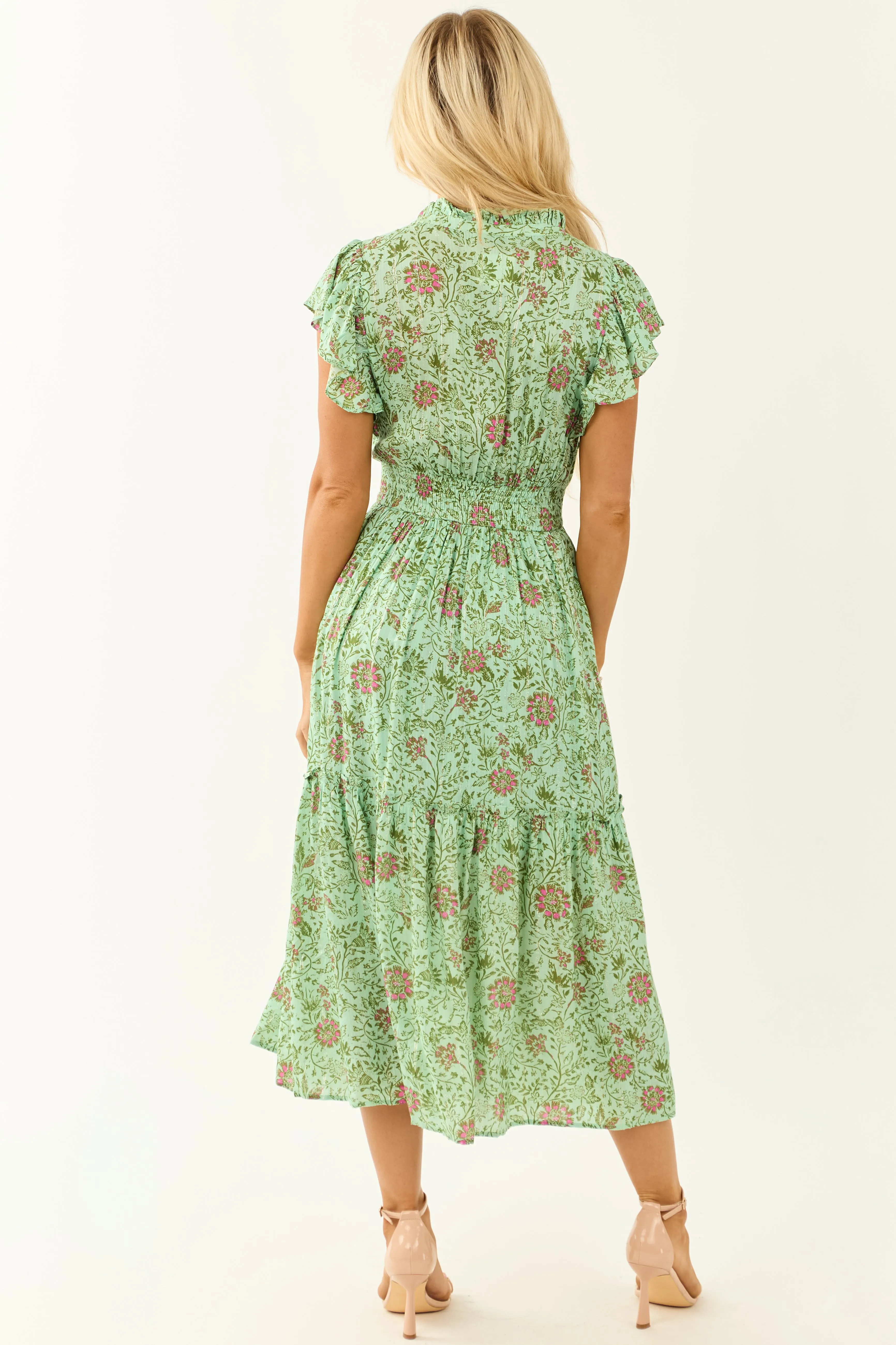 Sage Floral Ruffle Sleeve Metallic Stitch Midi Dress sold by Lime Lush product image thumbnail 5
