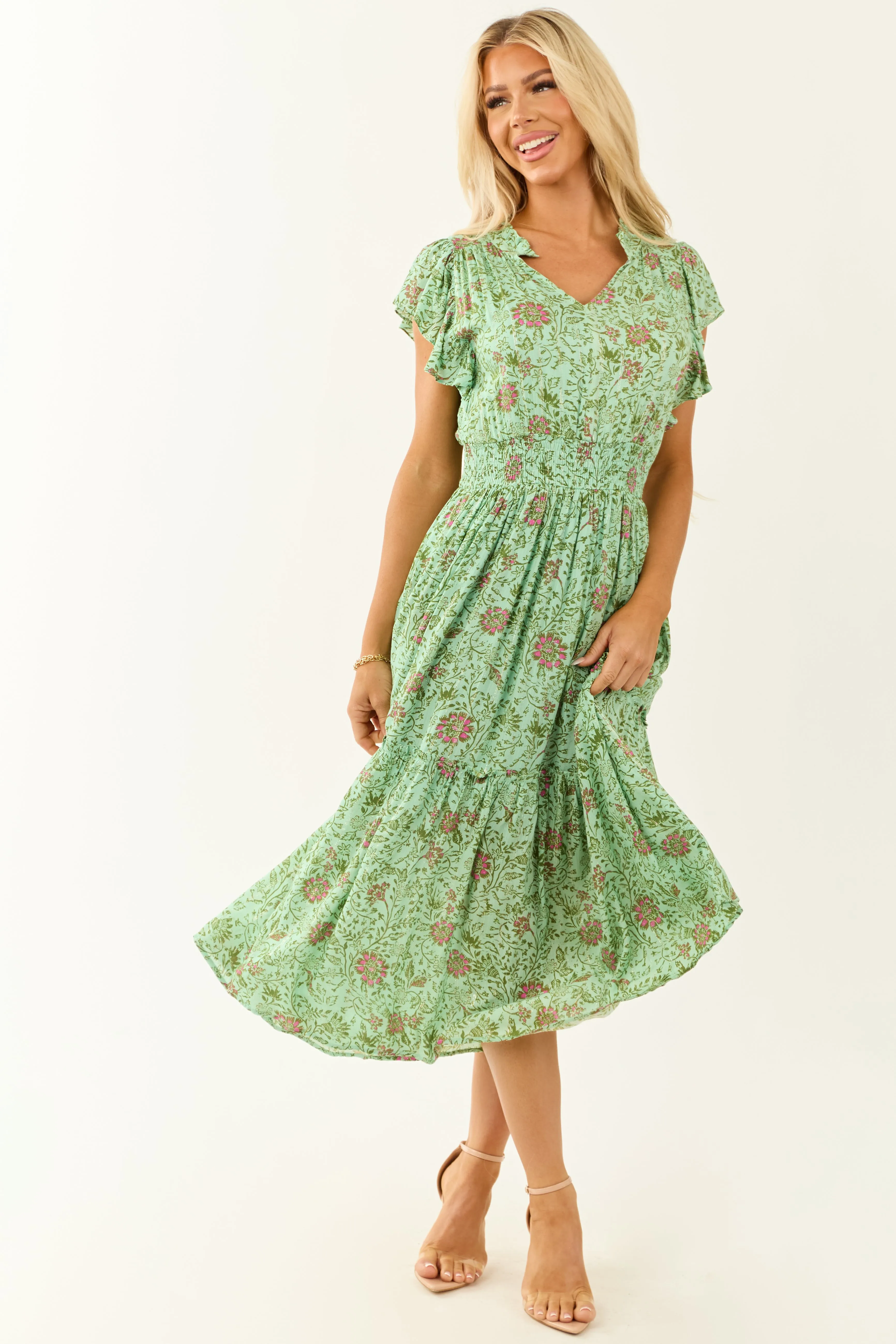 Sage Floral Ruffle Sleeve Metallic Stitch Midi Dress sold by Lime Lush product image thumbnail 3