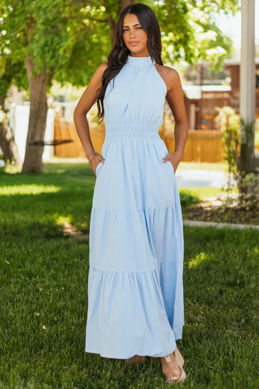 She+Sky Powder Blue Halter Mock Neck Maxi Dress sold by Lime Lush