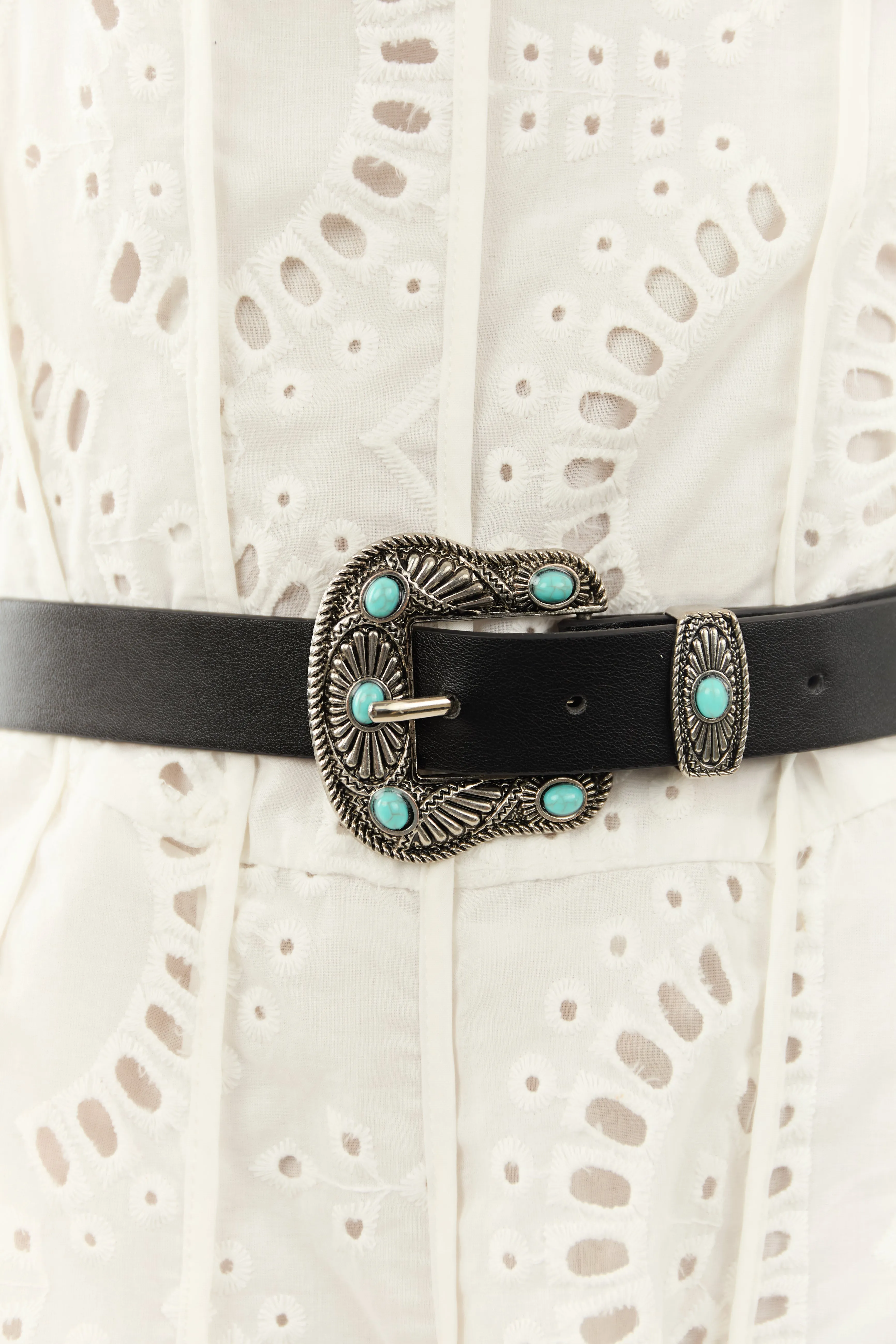 Black Faux Leather Turquoise Studded Buckle Belt sold by Lime Lush product image thumbnail 2