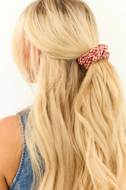 Cherry and Beige Gingham Hair Scrunchie sold by Lime Lush