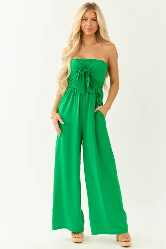 Kelly Green Strapless Wide Leg Front Tie Jumpsuit made by HYFVE