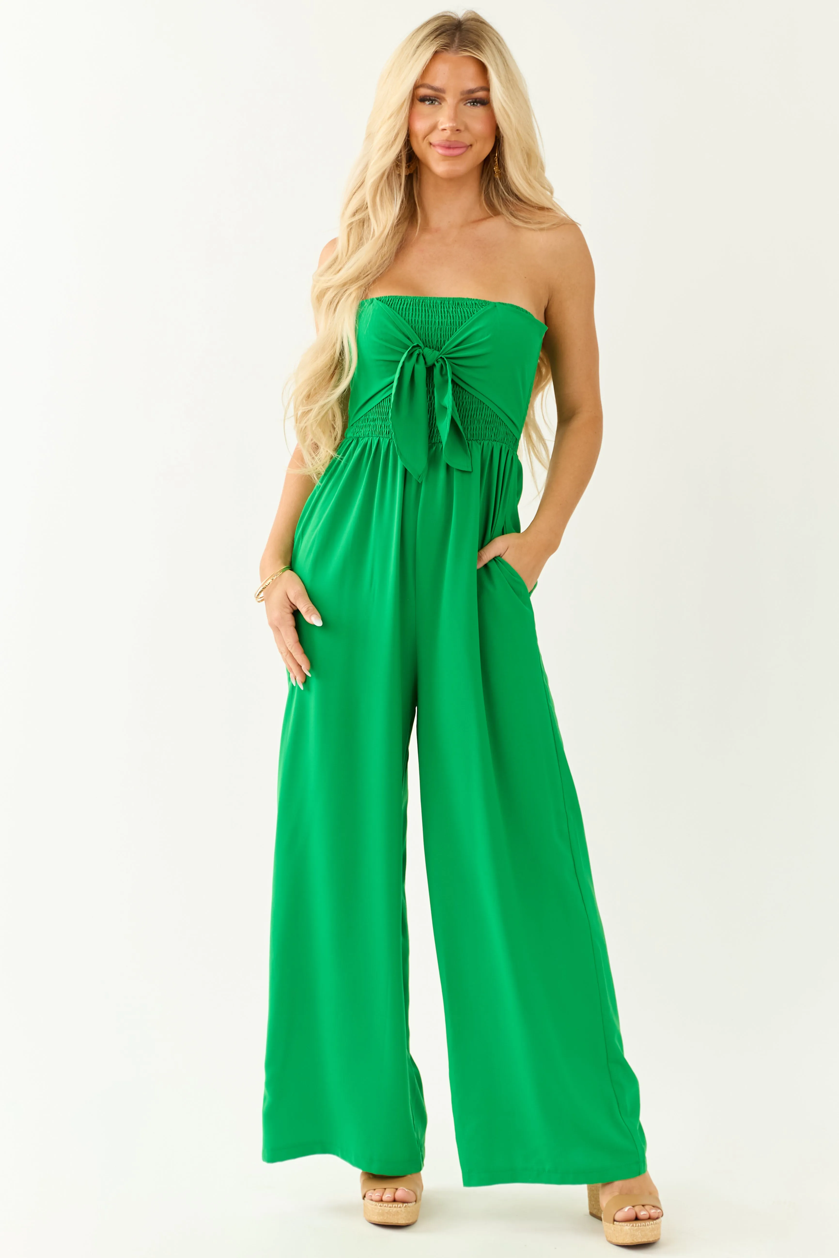 Kelly Green Strapless Wide Leg Front Tie Jumpsuit sold by Lime Lush