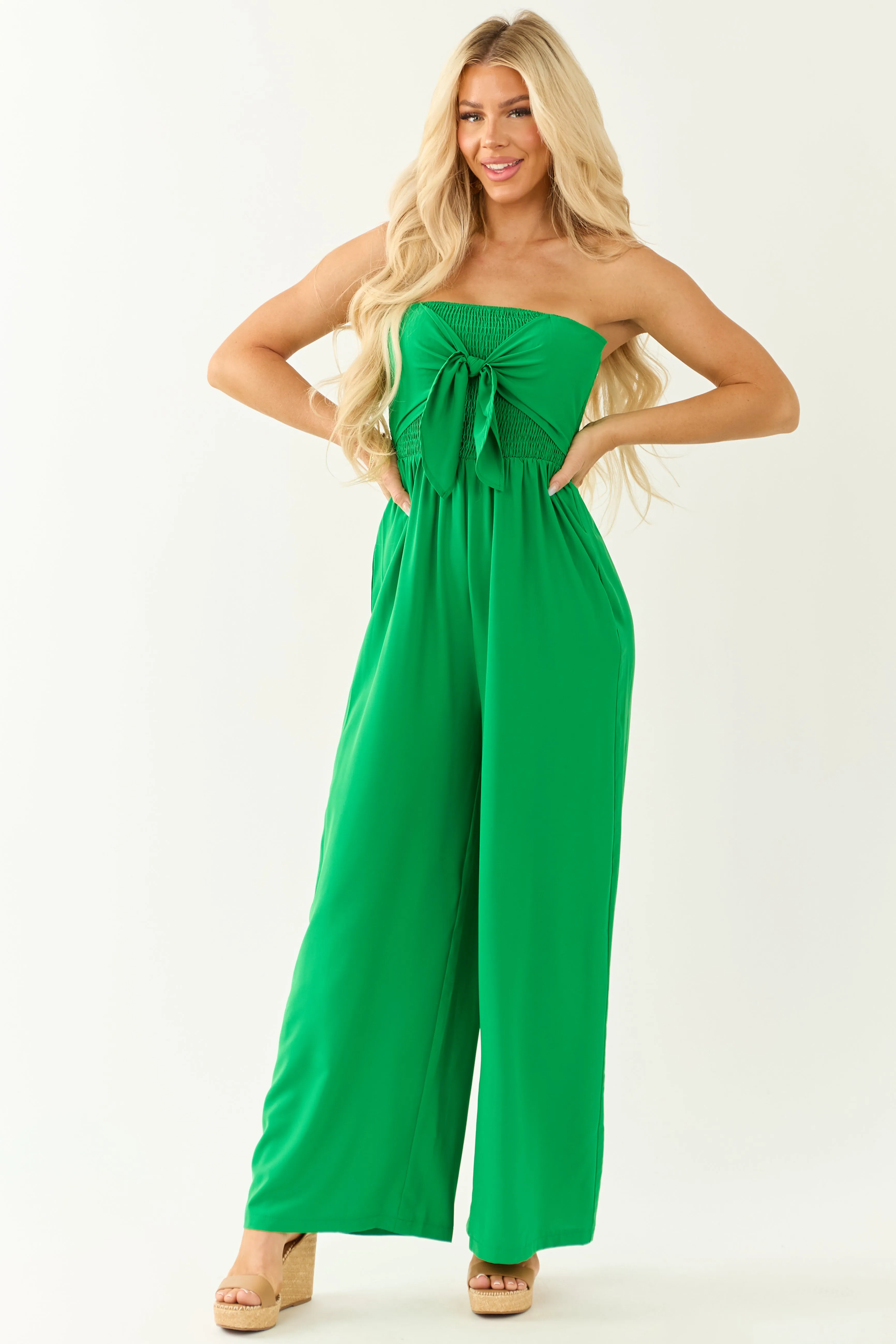 Kelly Green Strapless Wide Leg Front Tie Jumpsuit sold by Lime Lush product image thumbnail 2