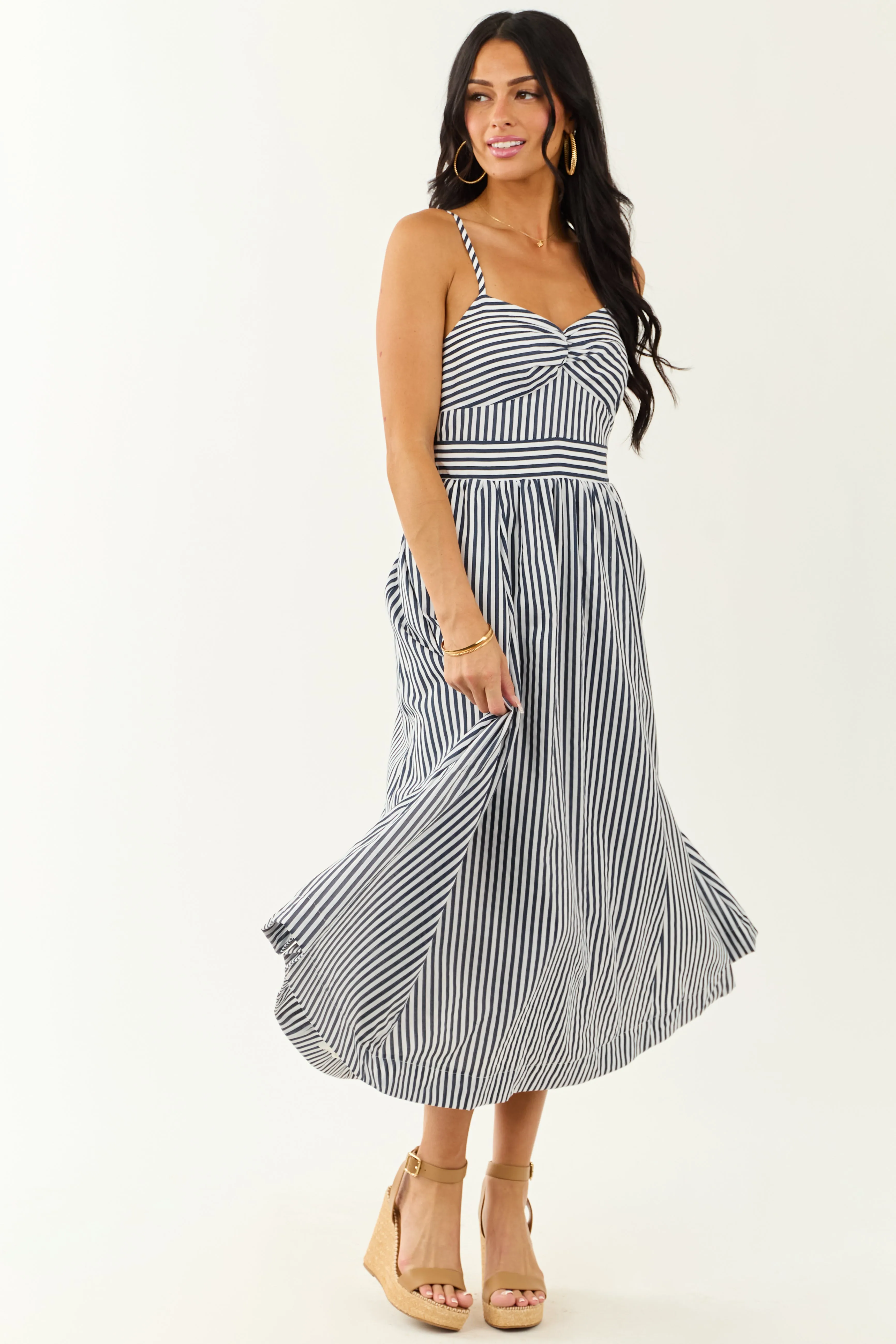Off White and Navy Striped Sweetheart Midi Dress sold by Lime Lush product image thumbnail 3