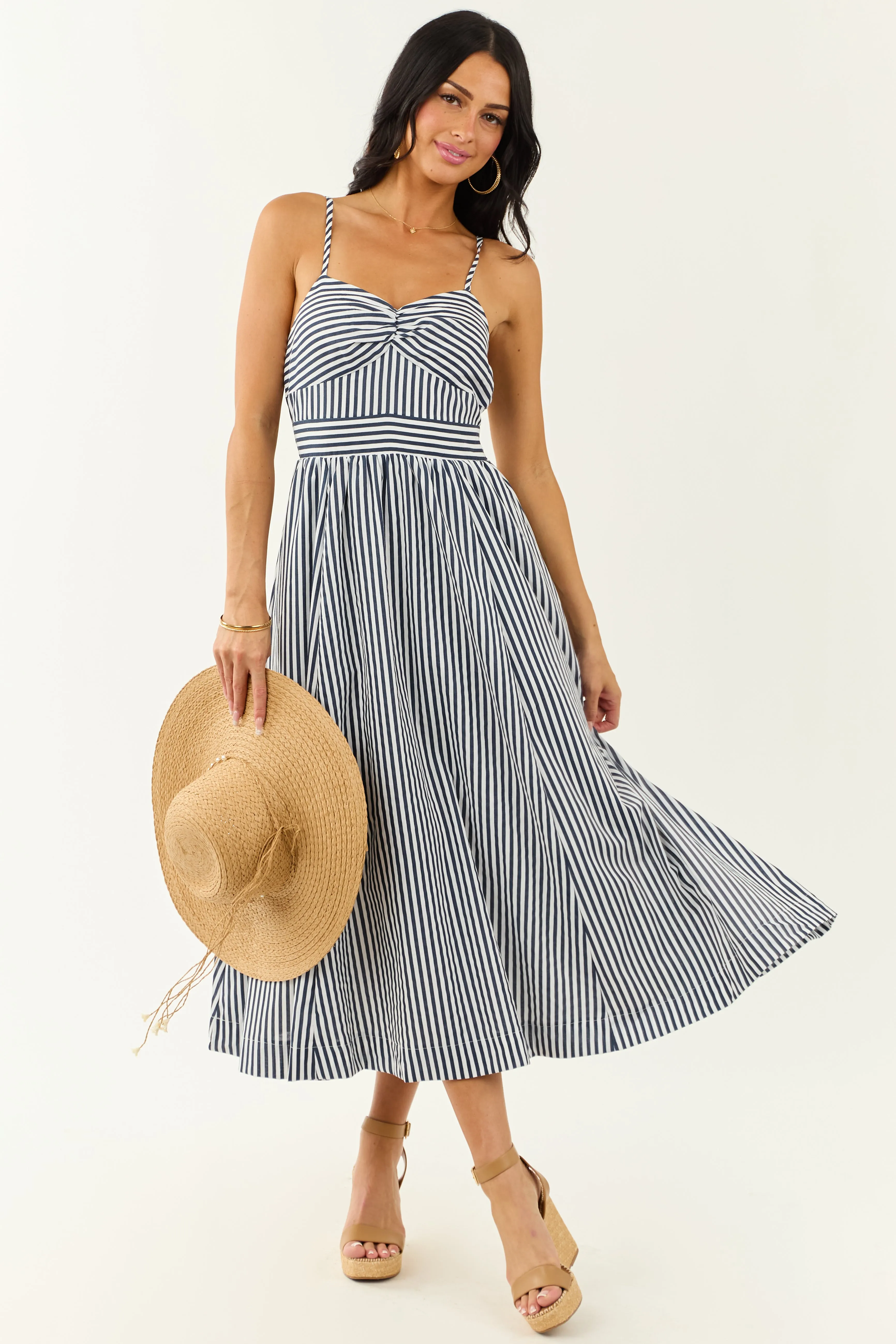 Off White and Navy Striped Sweetheart Midi Dress sold by Lime Lush product image thumbnail 4