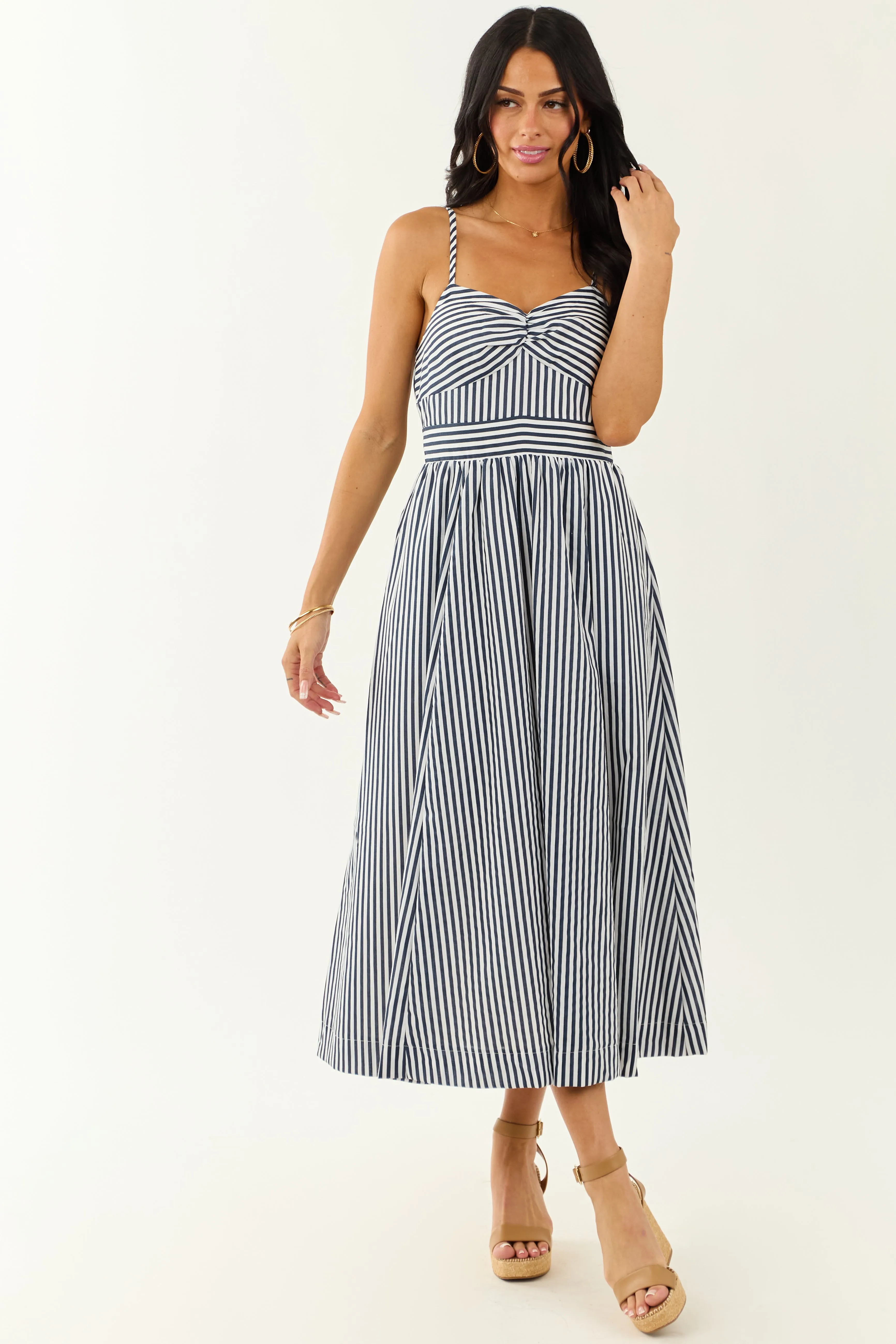 Off White and Navy Striped Sweetheart Midi Dress sold by Lime Lush product image thumbnail 2
