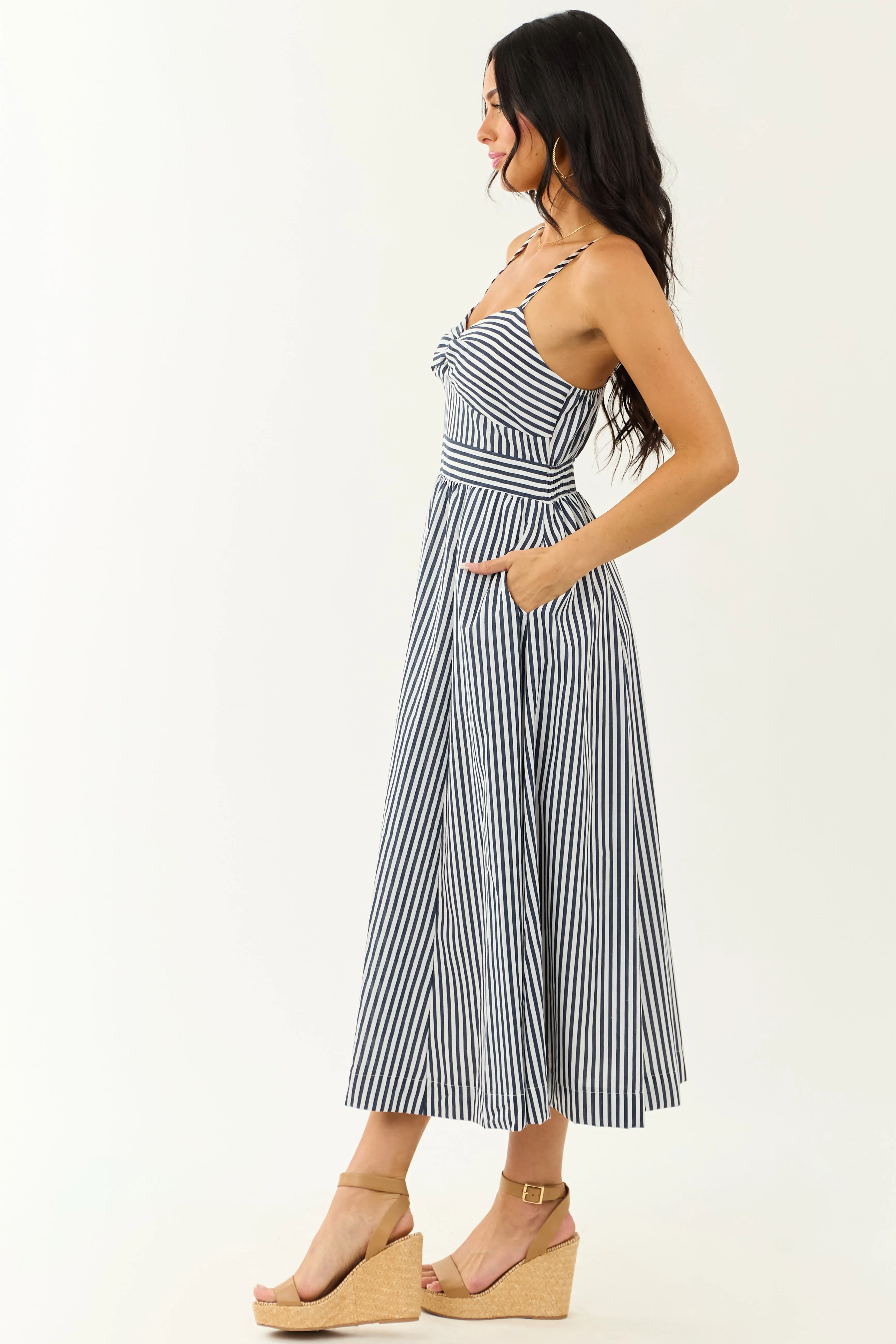 Off White and Navy Striped Sweetheart Midi Dress sold by Lime Lush product image thumbnail 5