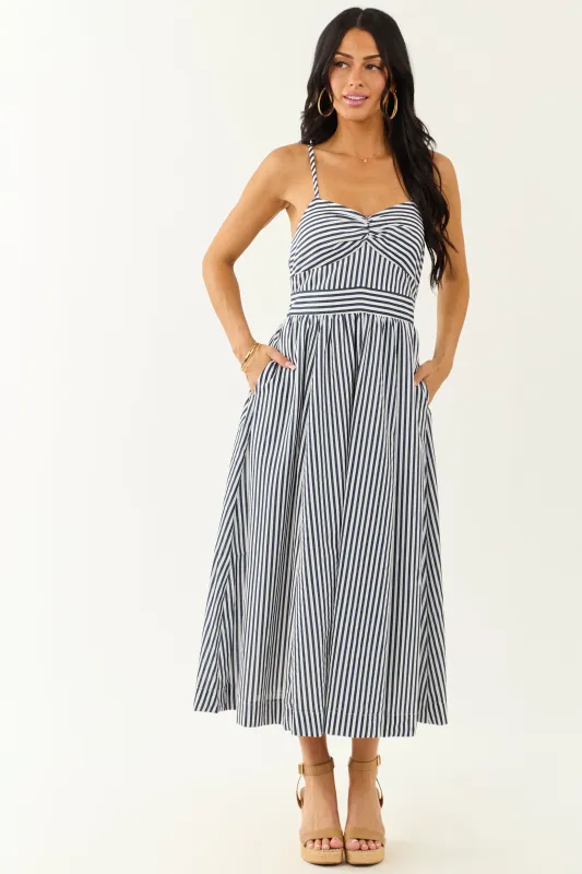 Off White and Navy Striped Sweetheart Midi Dress made by Bright