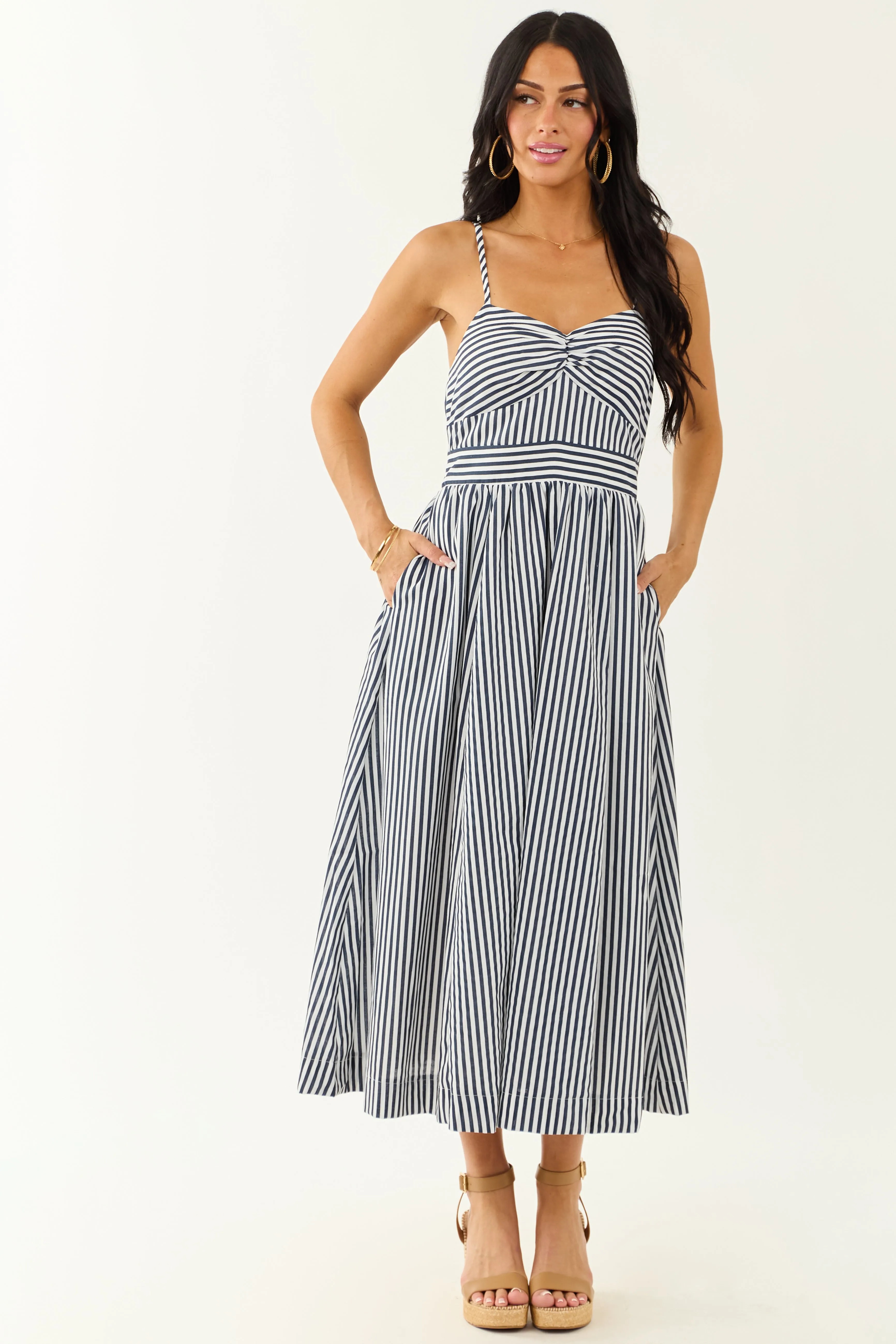 Off White and Navy Striped Sweetheart Midi Dress sold by Lime Lush