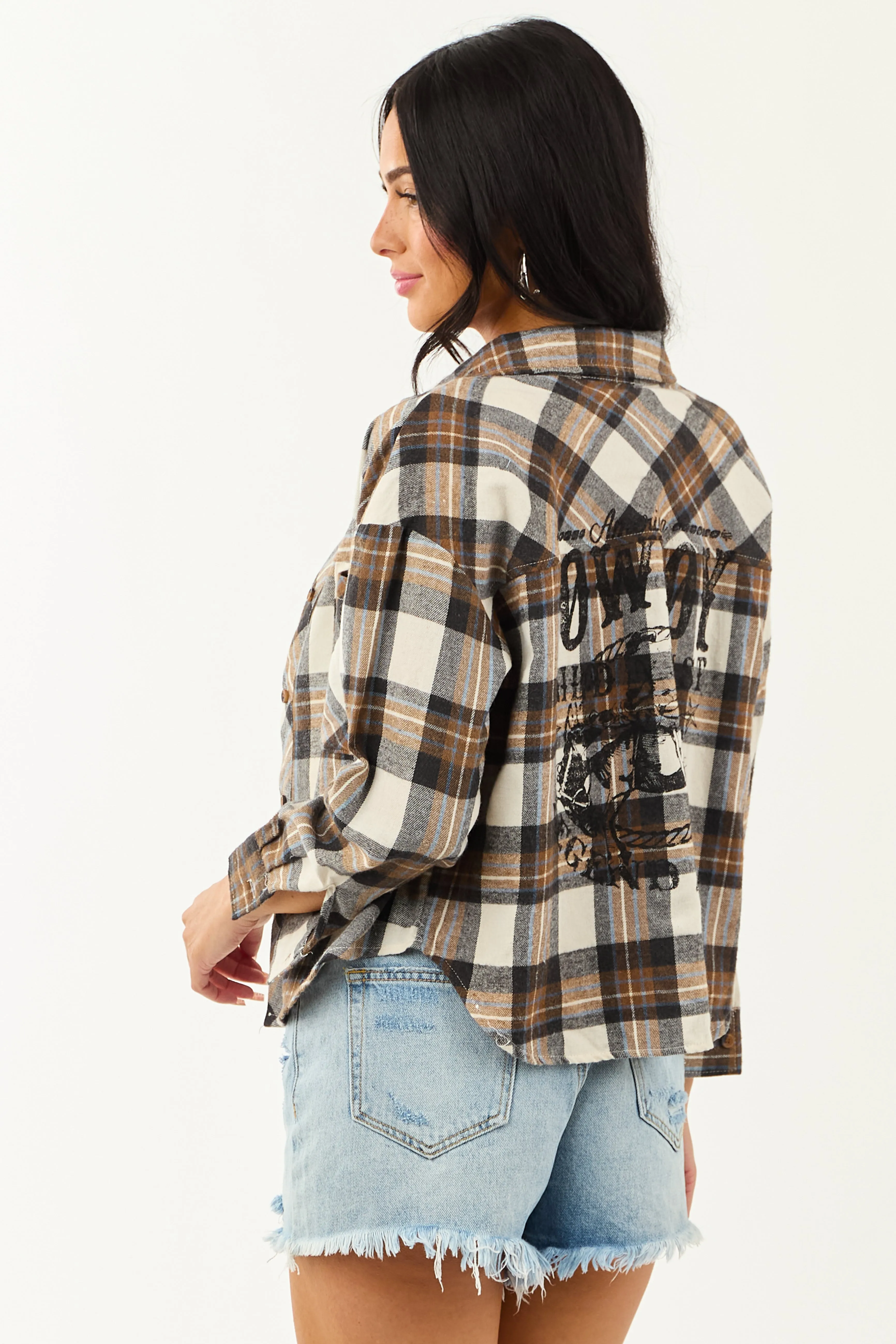 Coconut Cowboy Back Graphic Long Sleeve Plaid Shirt sold by Lime Lush
