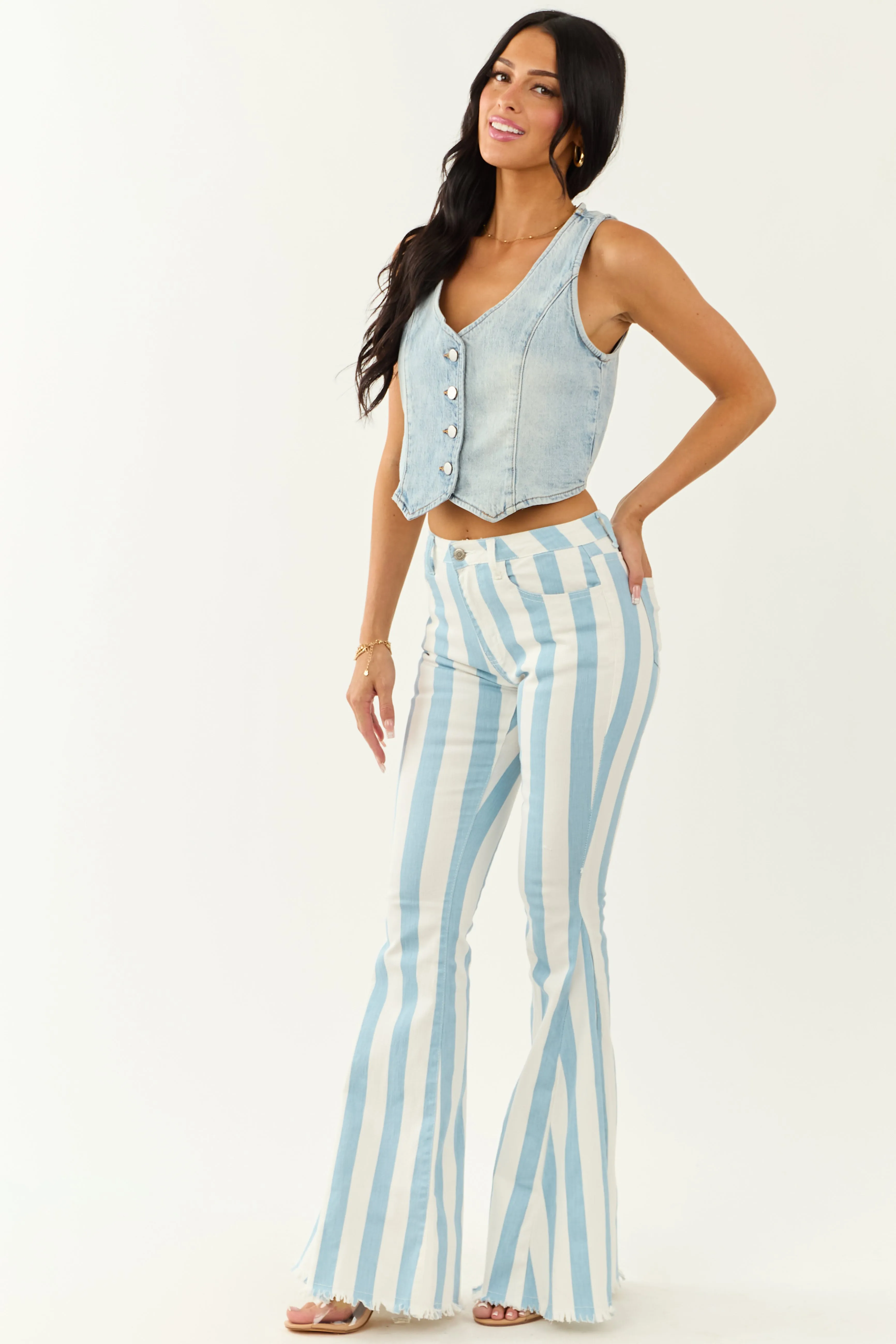 Powder Blue Striped Stretchy High Rise Flare Jeans sold by Lime Lush product image thumbnail 5