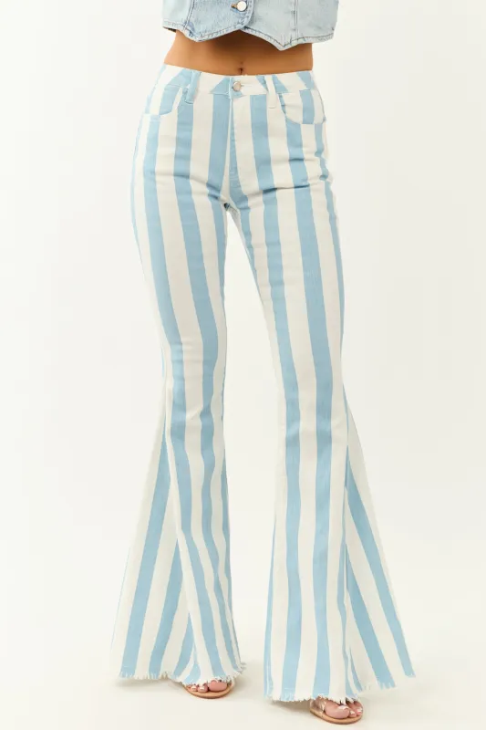 Powder Blue Striped Stretchy High Rise Flare Jeans sold by Lime Lush