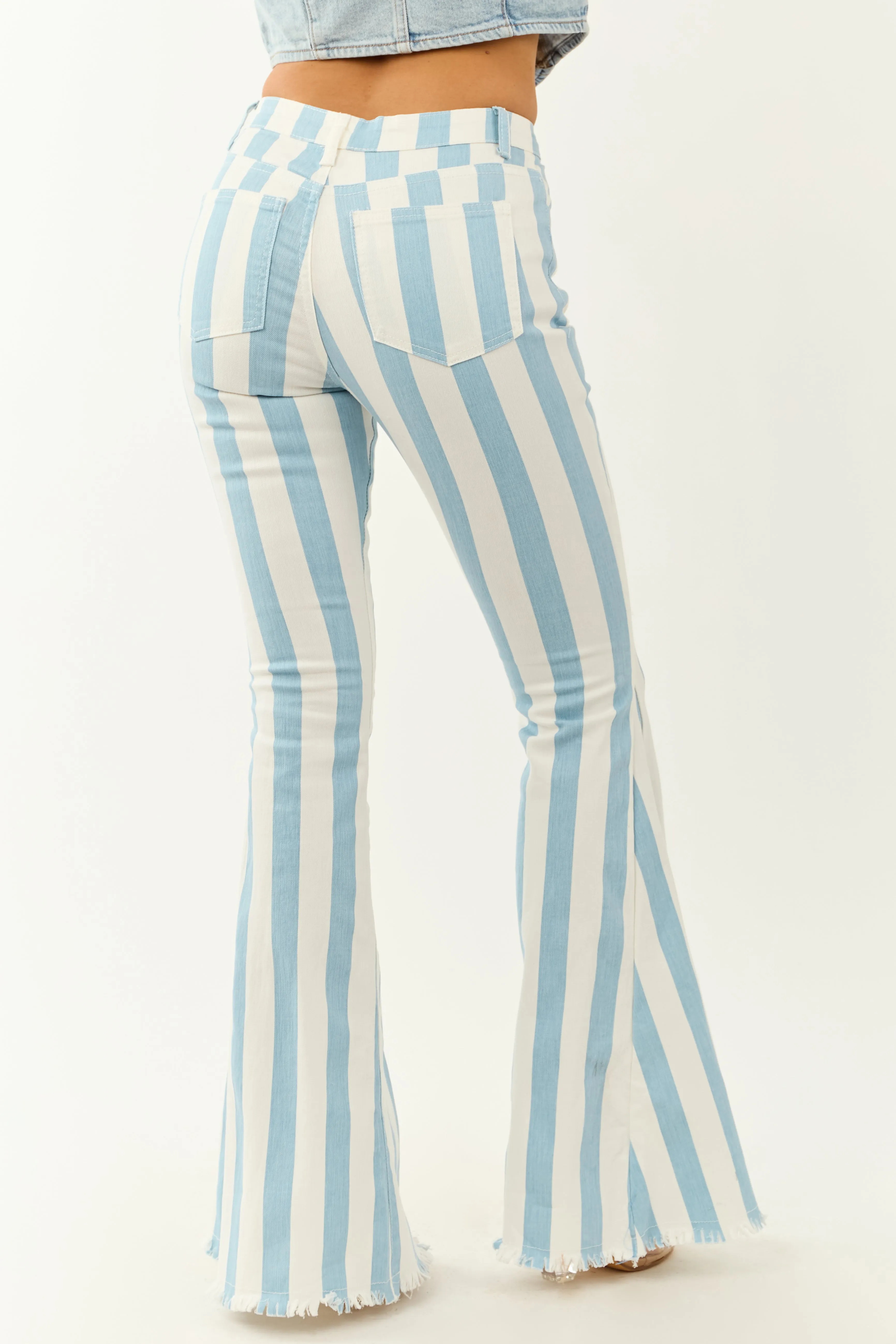 Powder Blue Striped Stretchy High Rise Flare Jeans sold by Lime Lush product image thumbnail 4