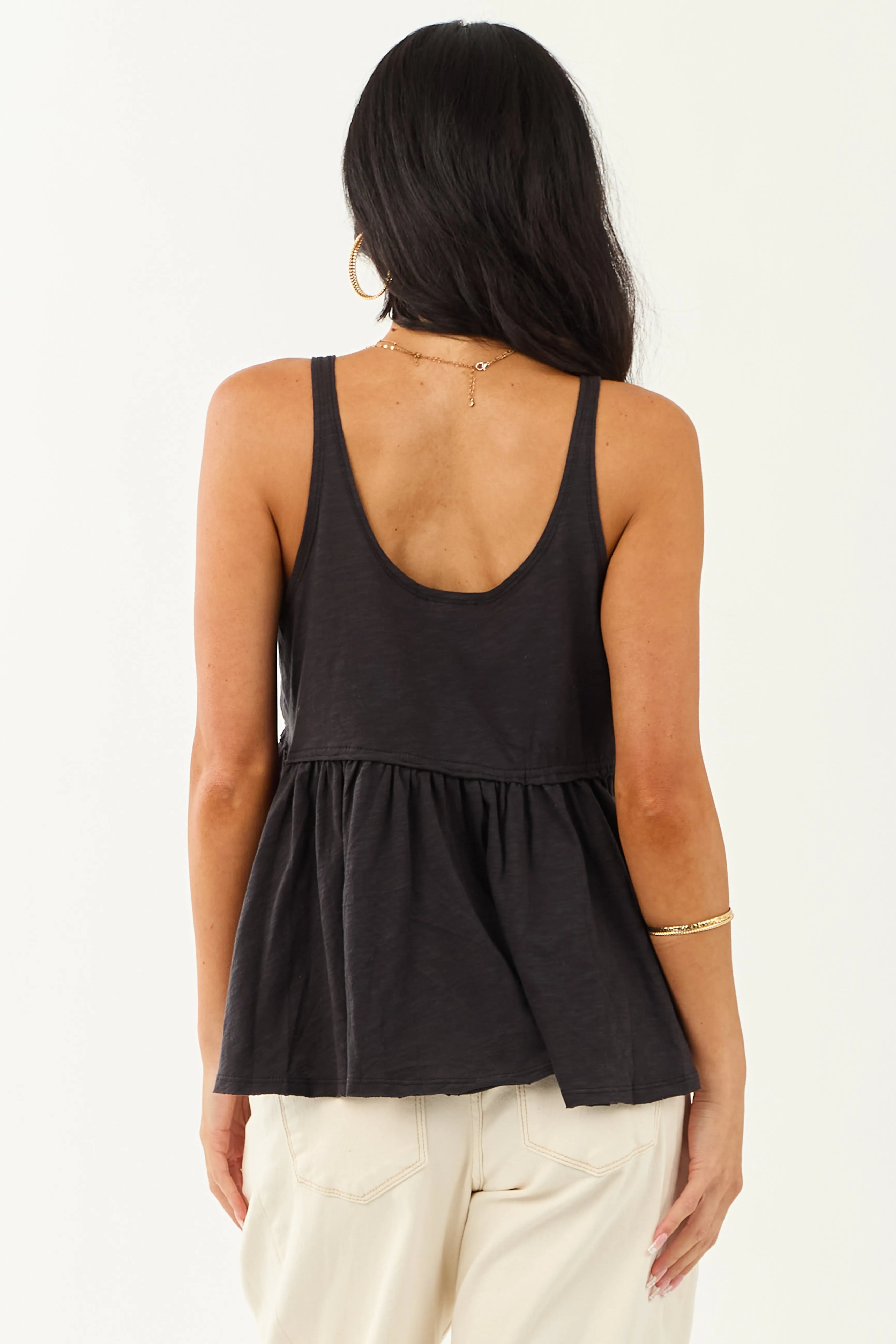 Black Scoop Neck Ruffle Hem Relaxed Tank Top sold by Lime Lush product image thumbnail 5