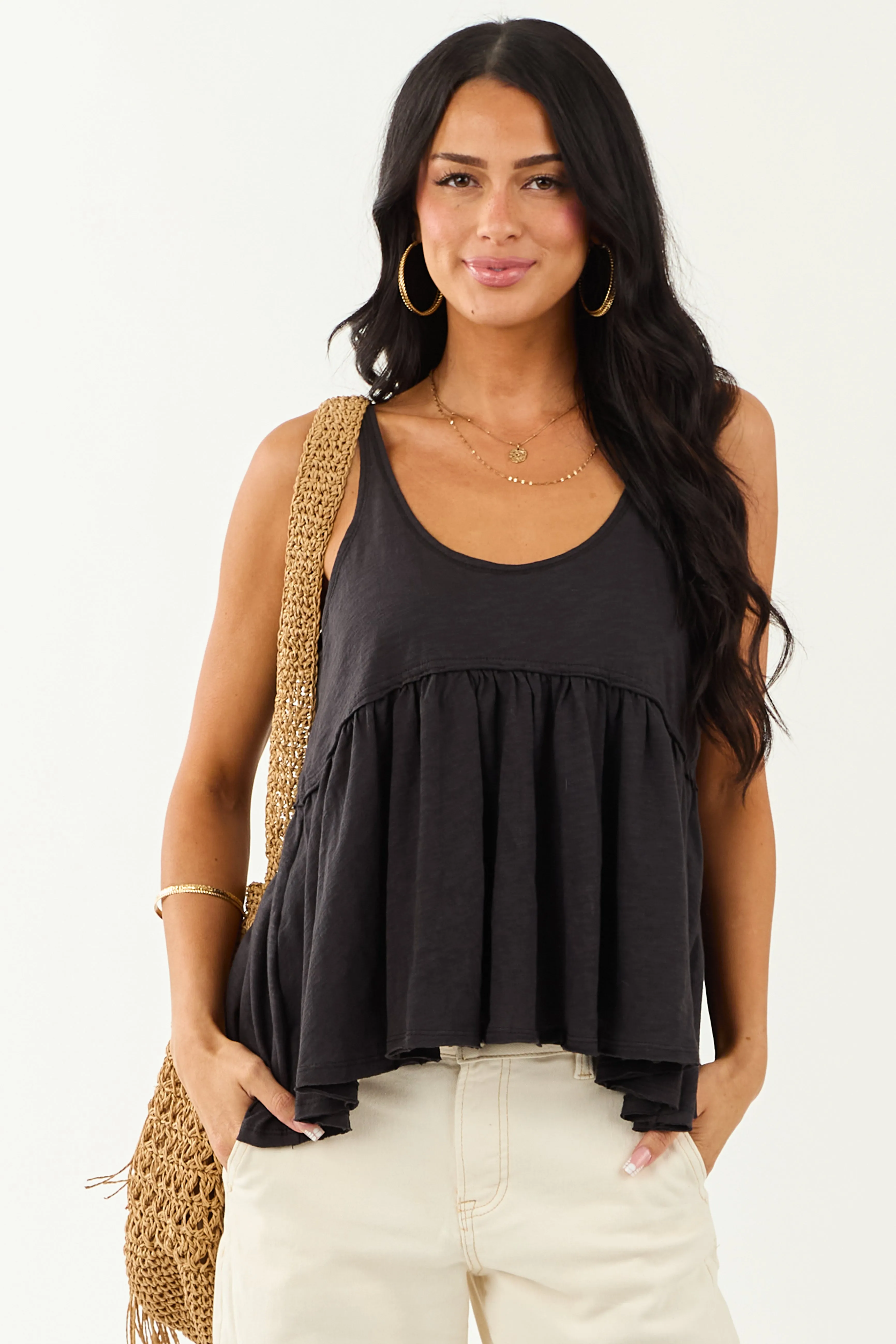 Black Scoop Neck Ruffle Hem Relaxed Tank Top sold by Lime Lush