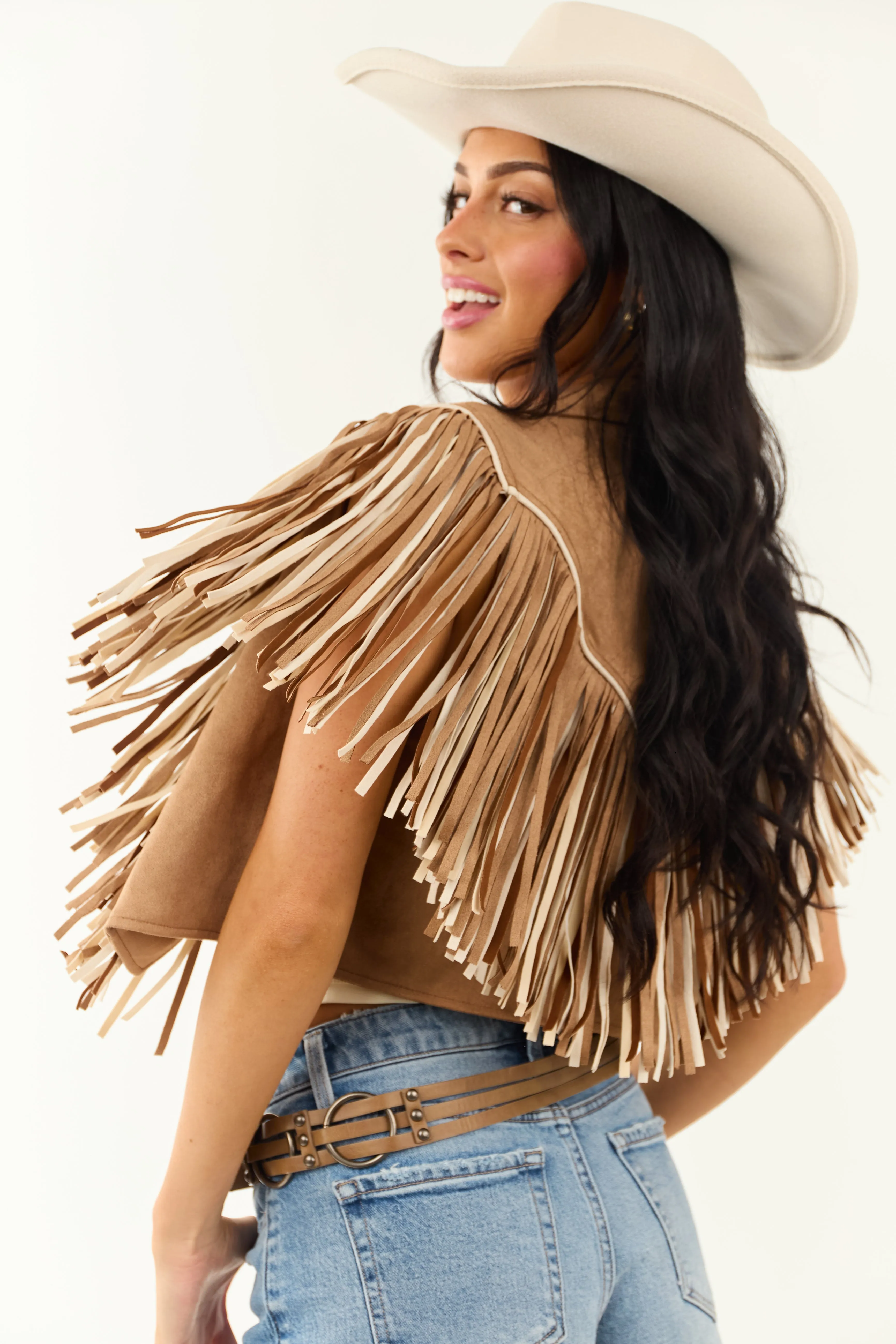Brown Sugar Faux Suede Fringe Open Front Vest sold by Lime Lush product image thumbnail 2