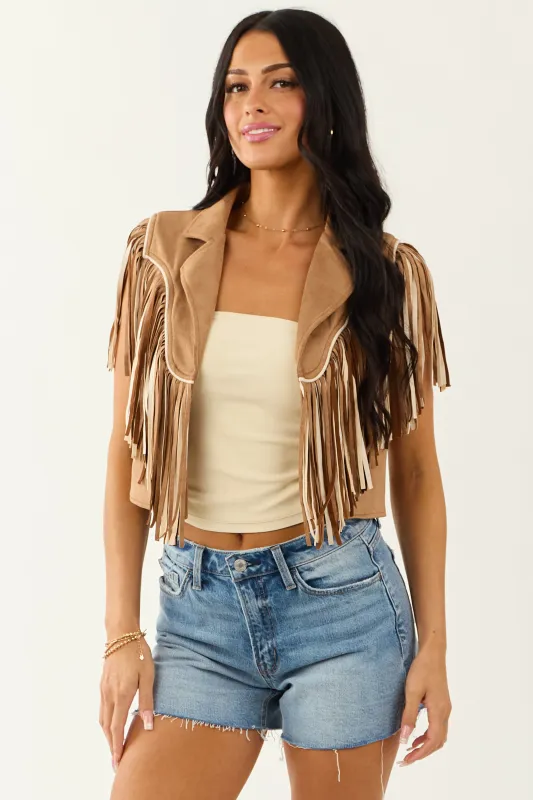 Brown Sugar Faux Suede Fringe Open Front Vest sold by Lime Lush