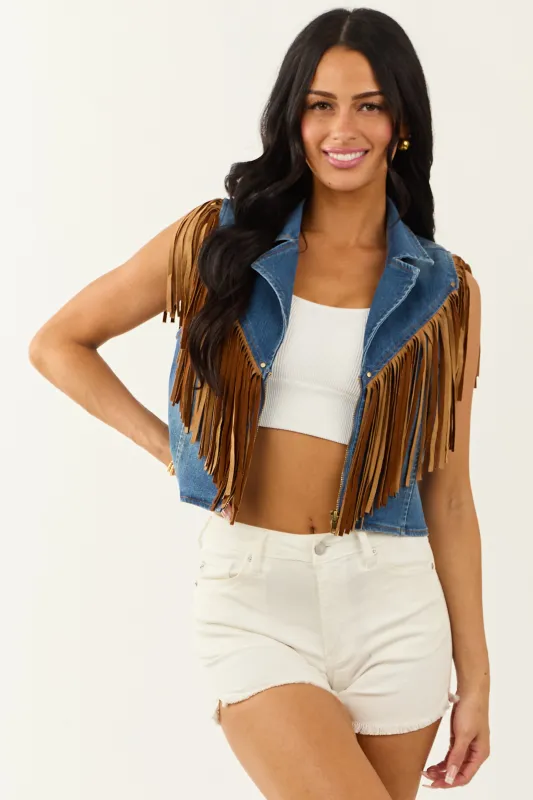 Medium Wash Stretchy Denim Fringe Zip Up Vest sold by Lime Lush