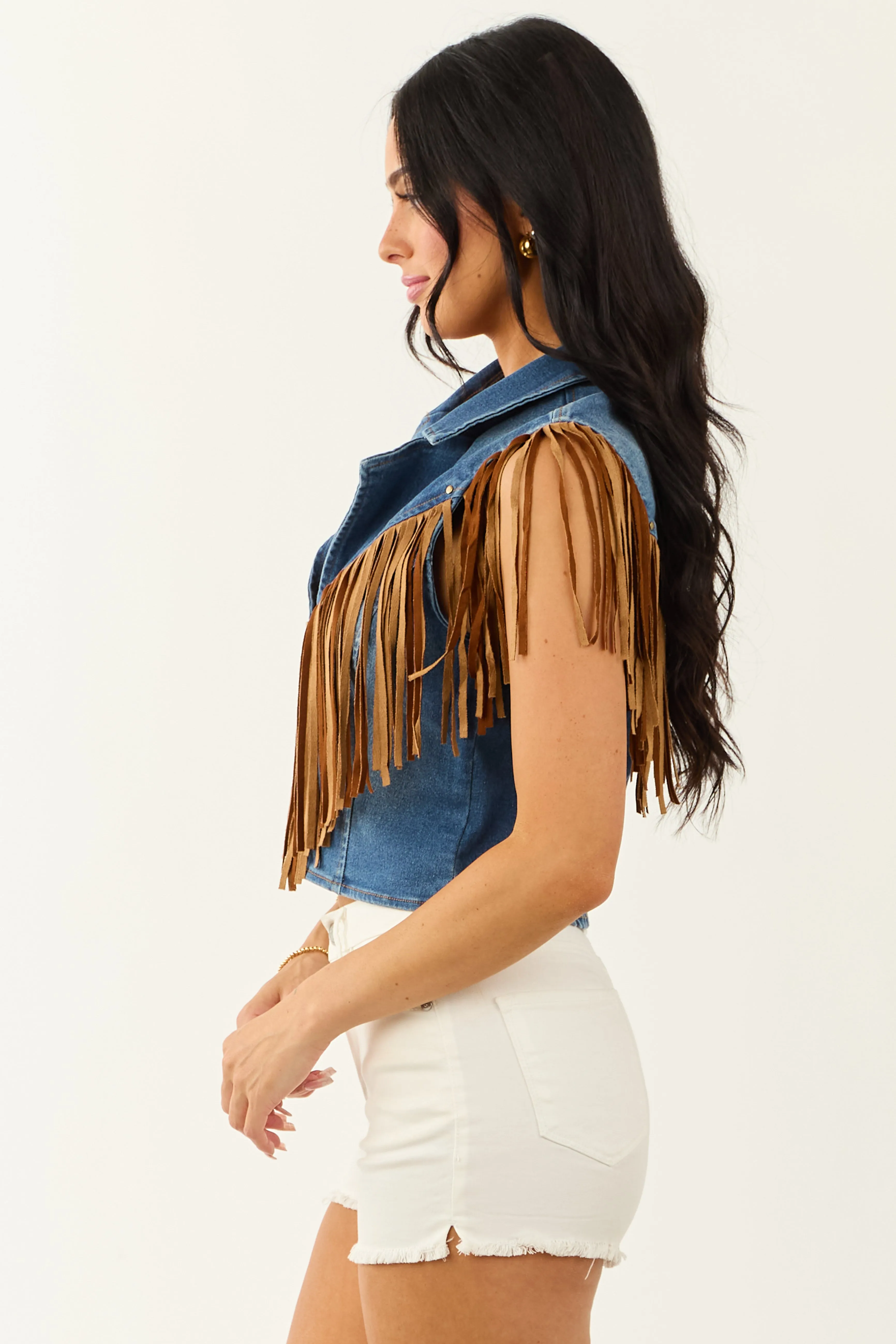 Medium Wash Stretchy Denim Fringe Zip Up Vest sold by Lime Lush product image thumbnail 5
