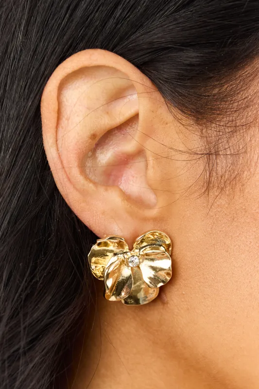 Gold Metallic Flower Rhinestone Stud Earrings sold by Lime Lush