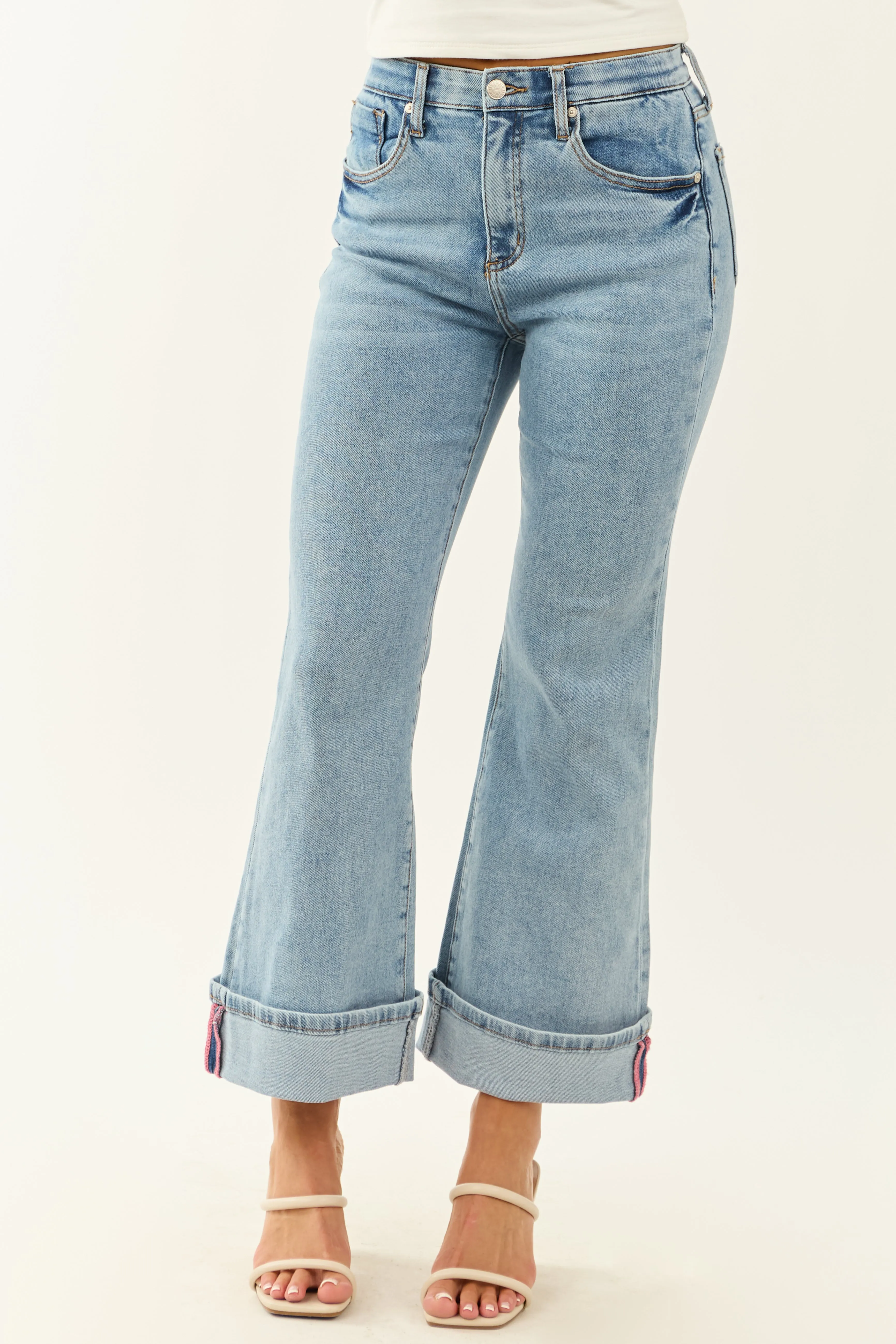 Saige Light Tummy Control Stretchy Flare Cuffed Jeans sold by Lime Lush