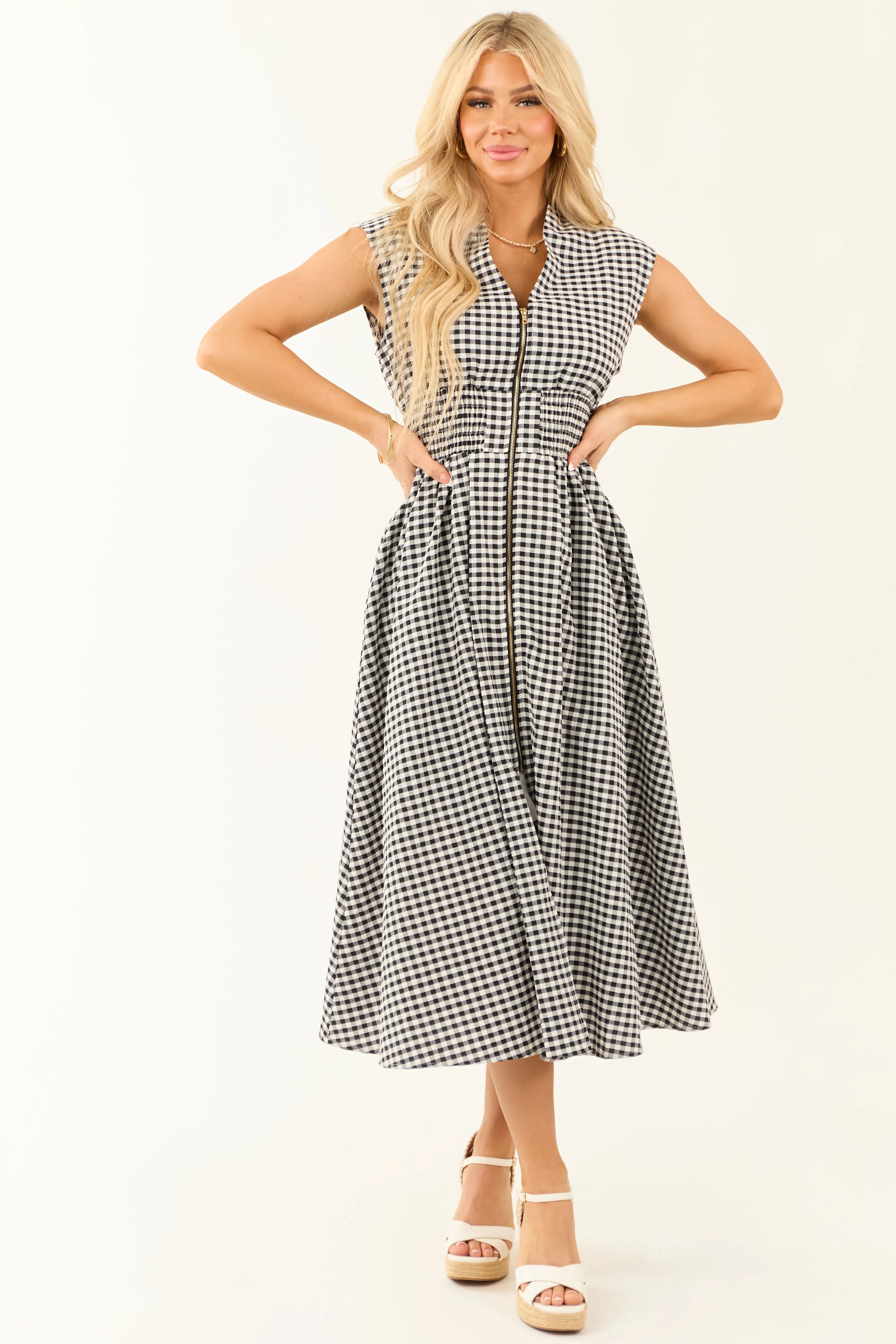 Entro Black and White Gingham Zip Up Midi Dress sold by Lime Lush
