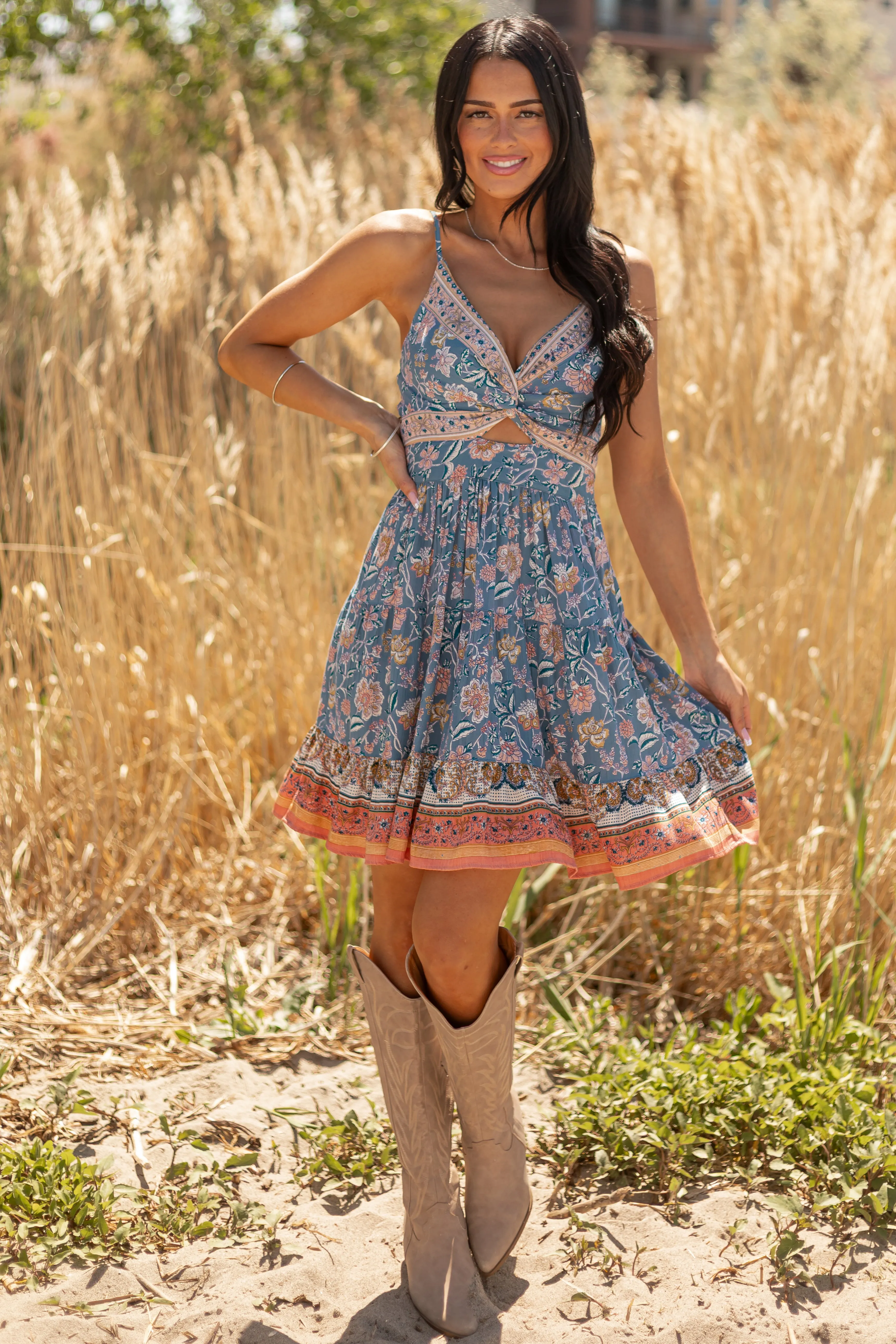 Ocean Floral Print Deep V Twist Cutout Mini Dress sold by Lime Lush product image thumbnail 2