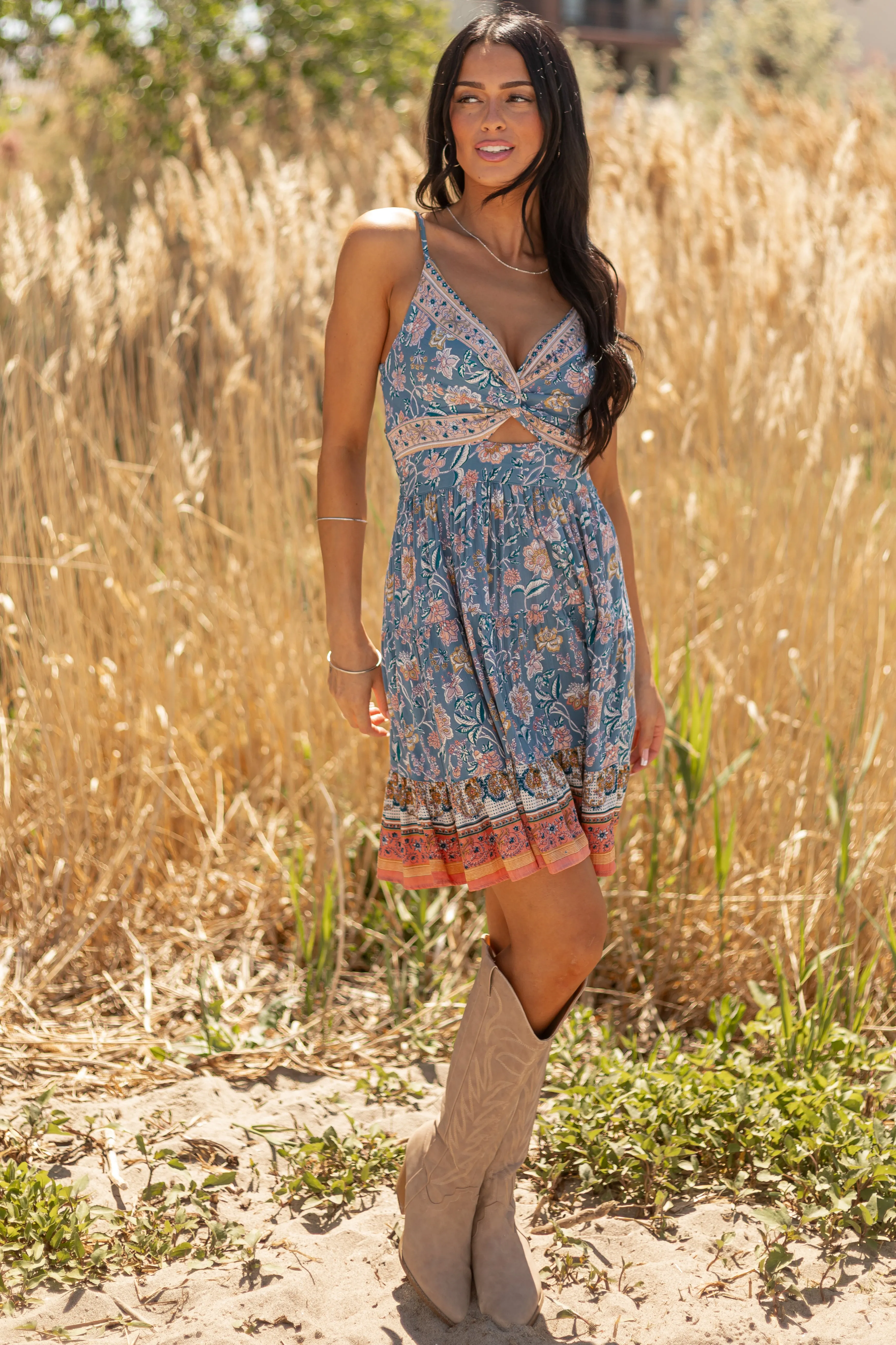 Ocean Floral Print Deep V Twist Cutout Mini Dress sold by Lime Lush product image thumbnail 3