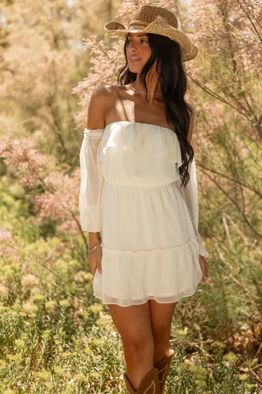 Cream Off the Shoulder Long Sleeve Mini Dress sold by Lime Lush